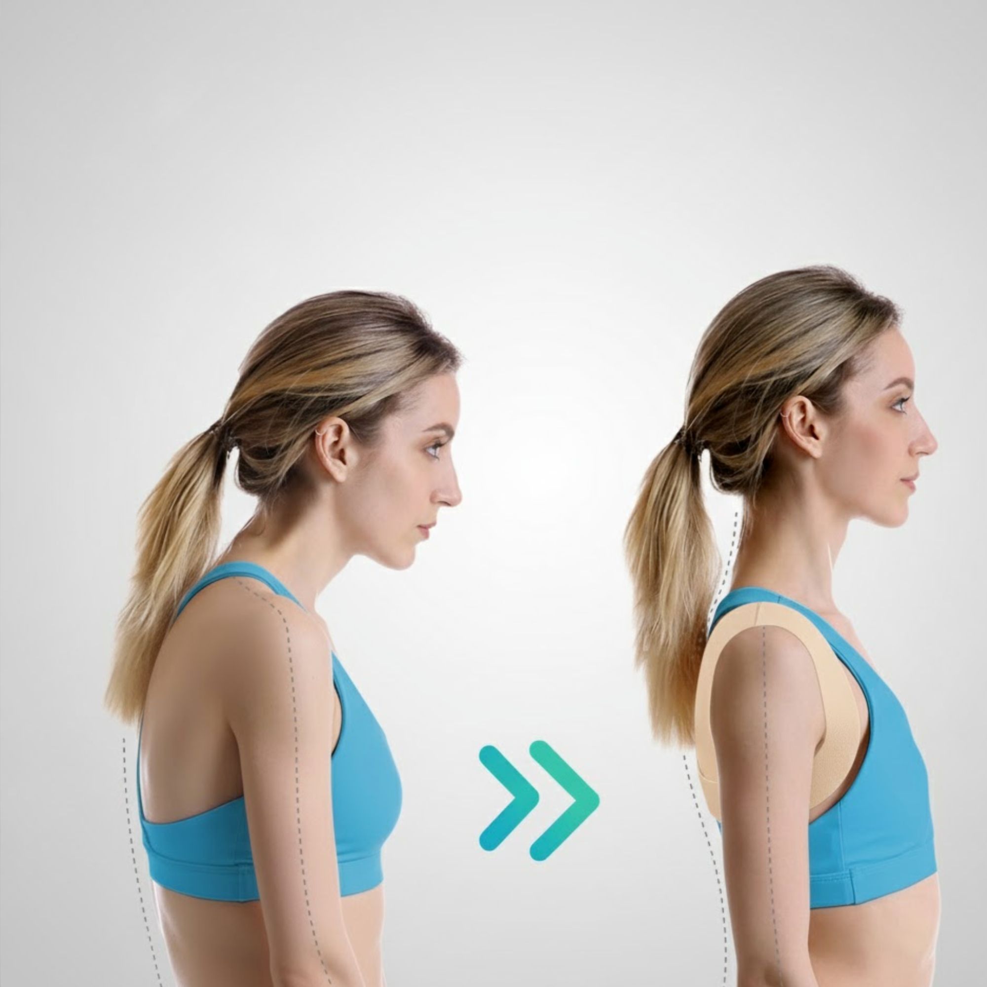 Vergleichsbild: Frau mit schlechter und korrekter Haltung. Eine beige Rückenbandage ist auf der rechten Seite zu sehen.