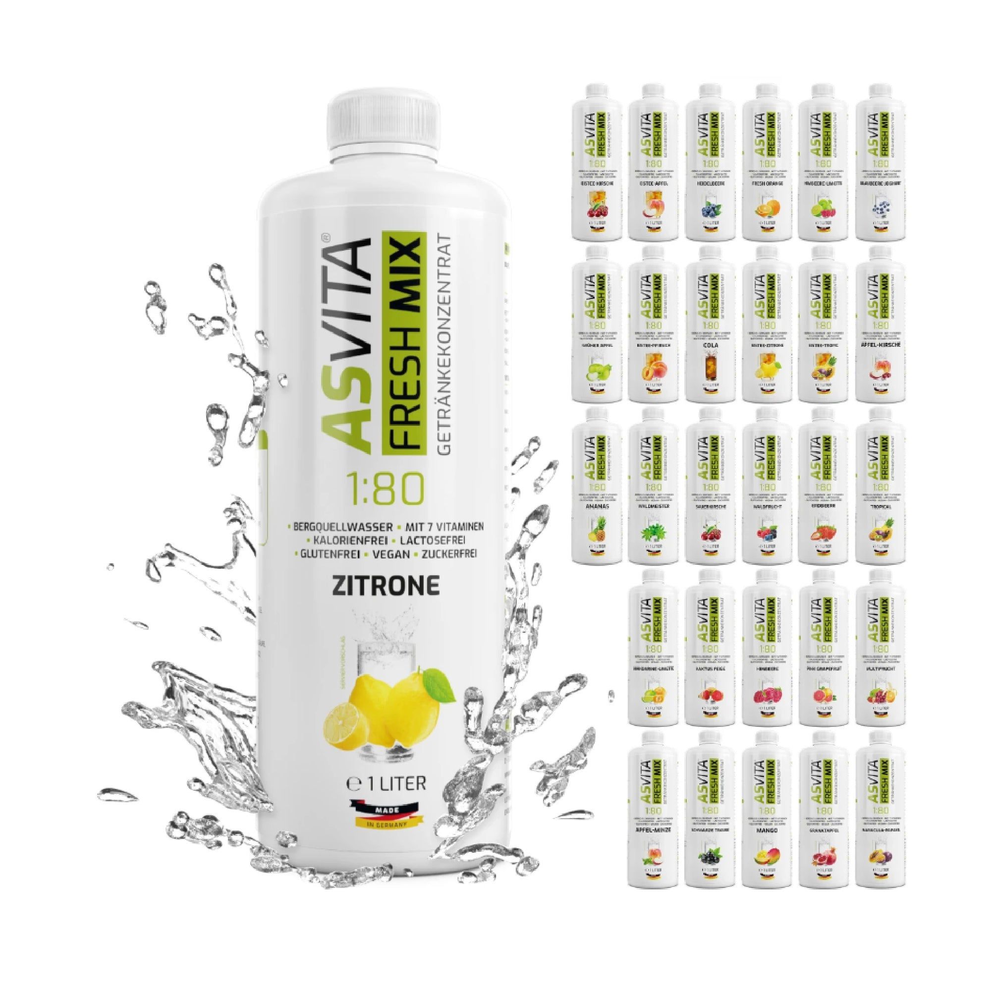 ASVita Fresh Mix Zitrone Getränkekonzentrat 1 Liter Flasche neben einer Auswahl von 24 verschiedenen Geschmacksrichtungen.