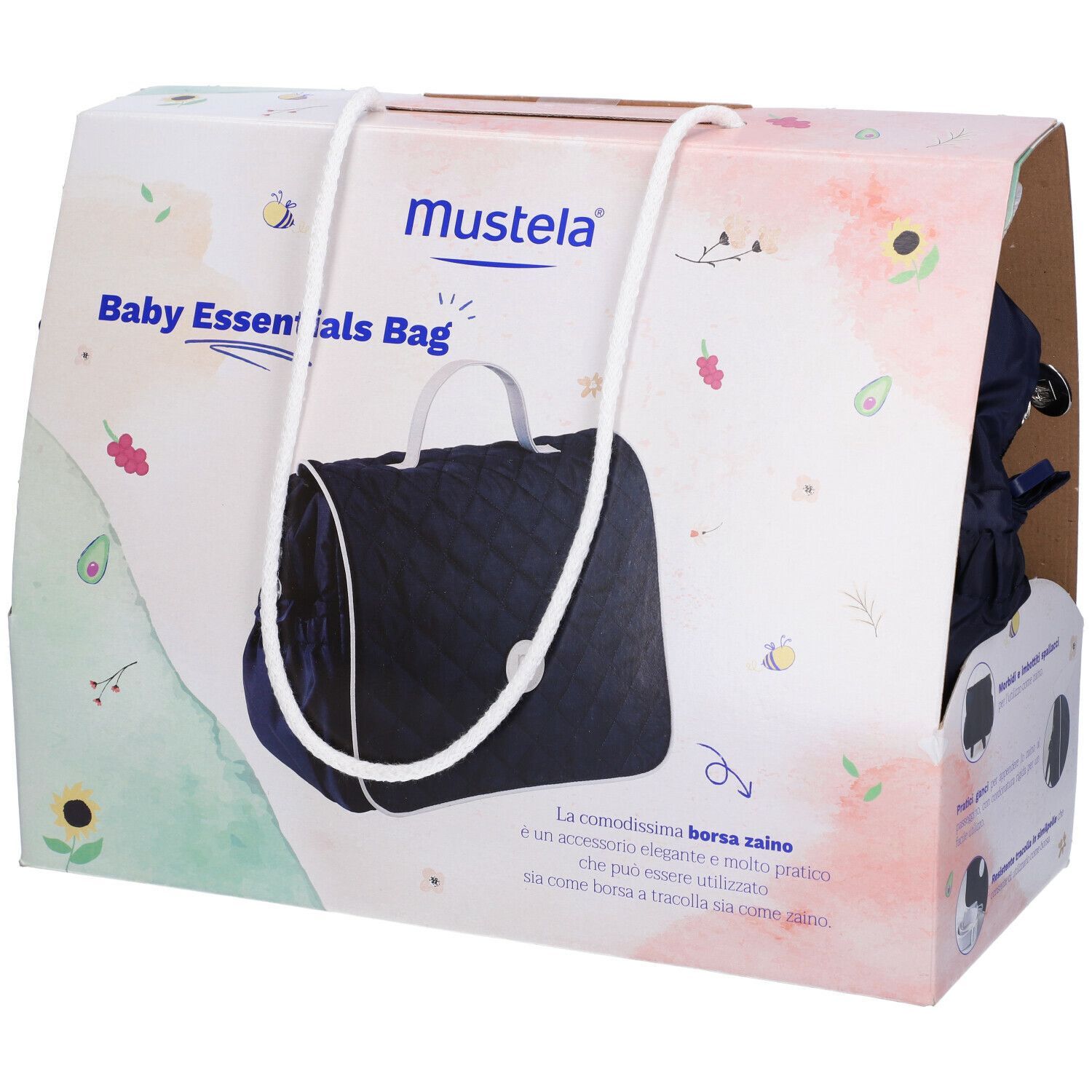 Mustela® Baby Essentials Bag nella confezione. Scatola rosa chiaro con manico bianco. Borsa visibile.