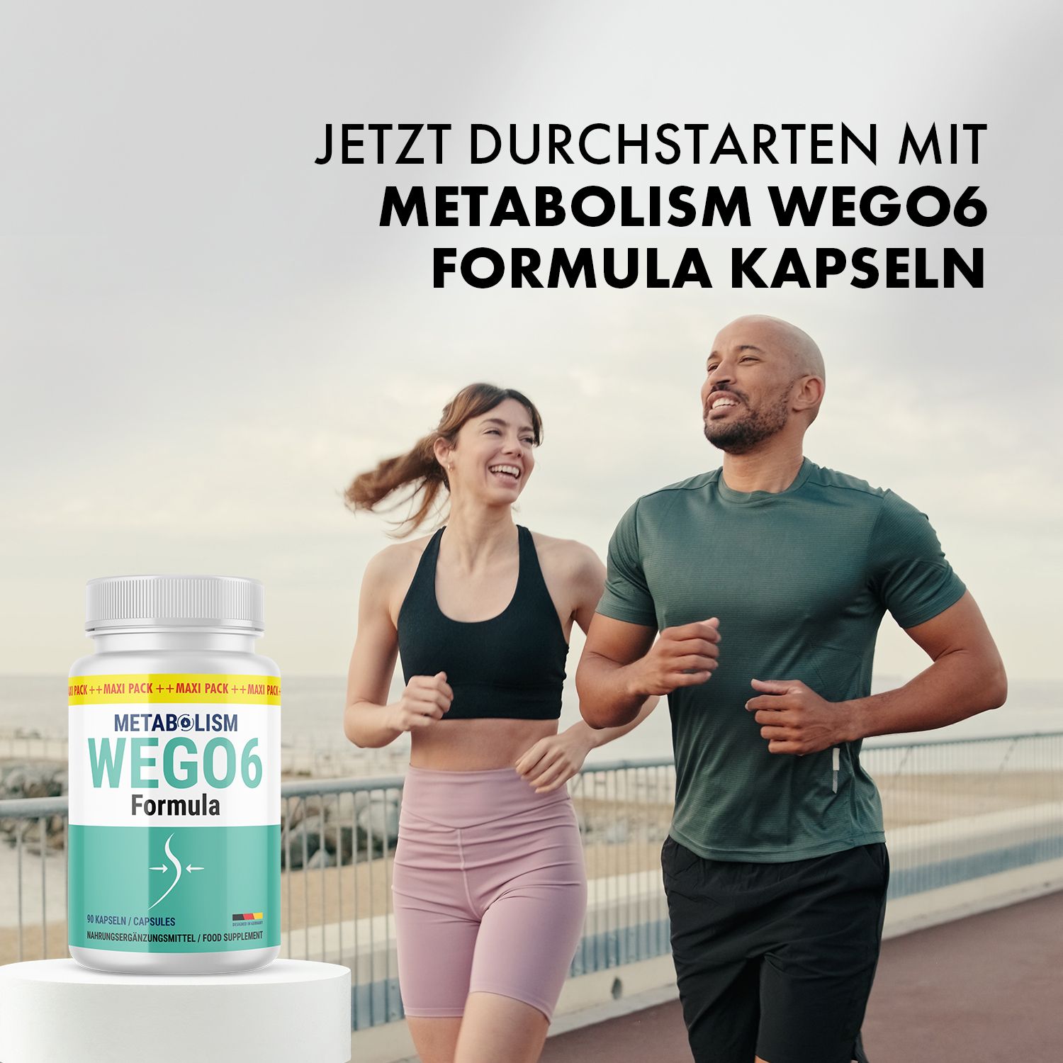 Paar joggt. Dose mit Produktnamen: Metabolism Wego6 Formula. Text: Jetzt durchstarten mit Metabolism Wego6 Formula Kapseln.