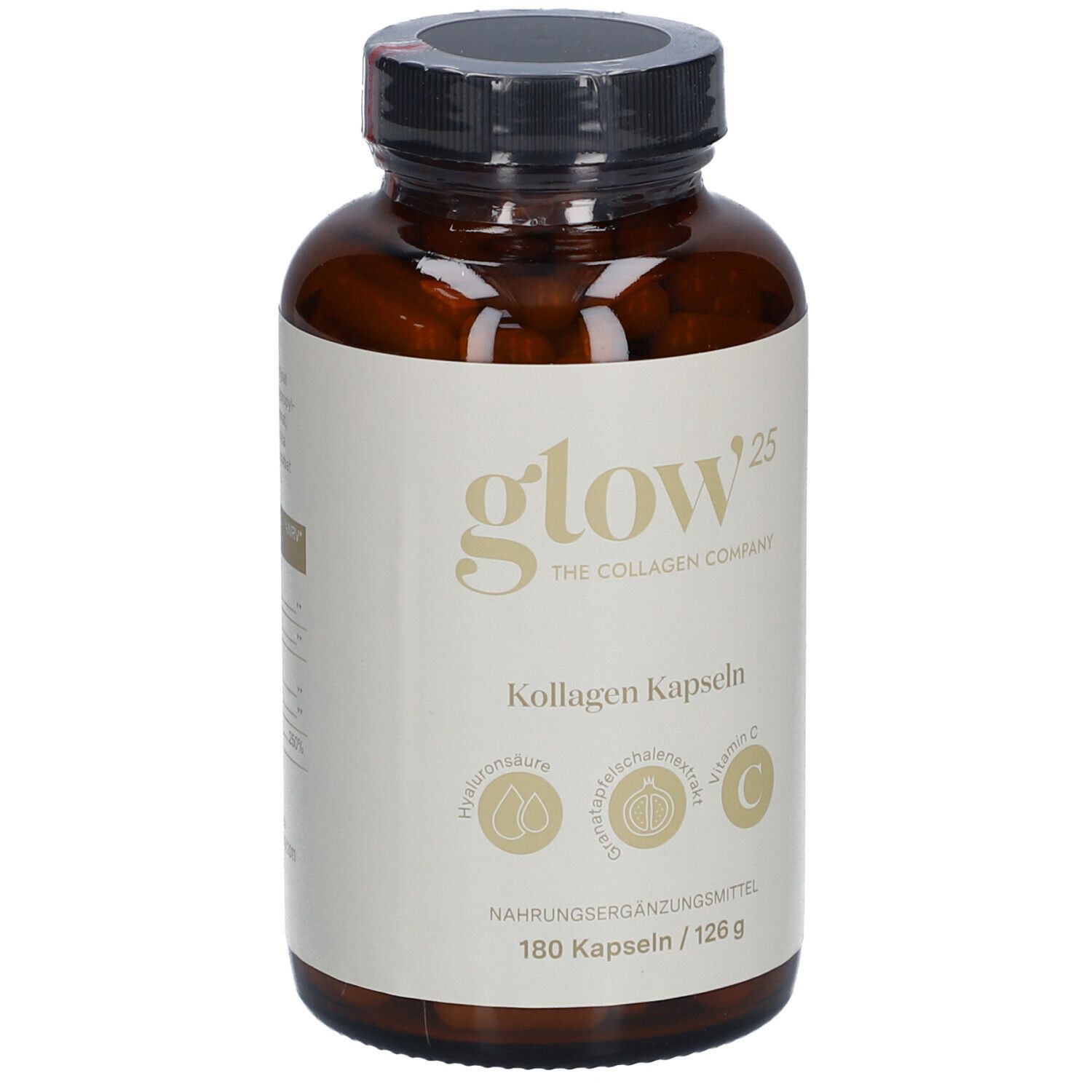 Braune Glasflasche mit schwarzen Deckel. Etikett mit Produktinformationen. Enthält 180 Kapseln. Marke: Glow25.