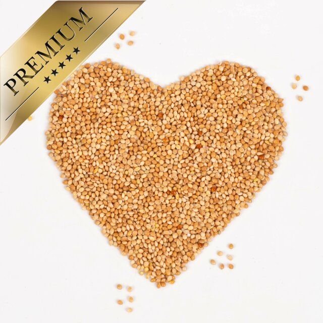 Hirse in Herzform. Text: Premium.