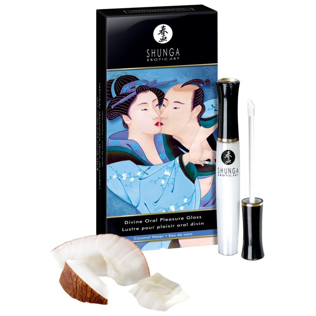 Produktflasche, Verpackung und Kokosnuss. Aufschrift: Shunga, Divine Oral Pleasure Gloss. Kokoswasser.