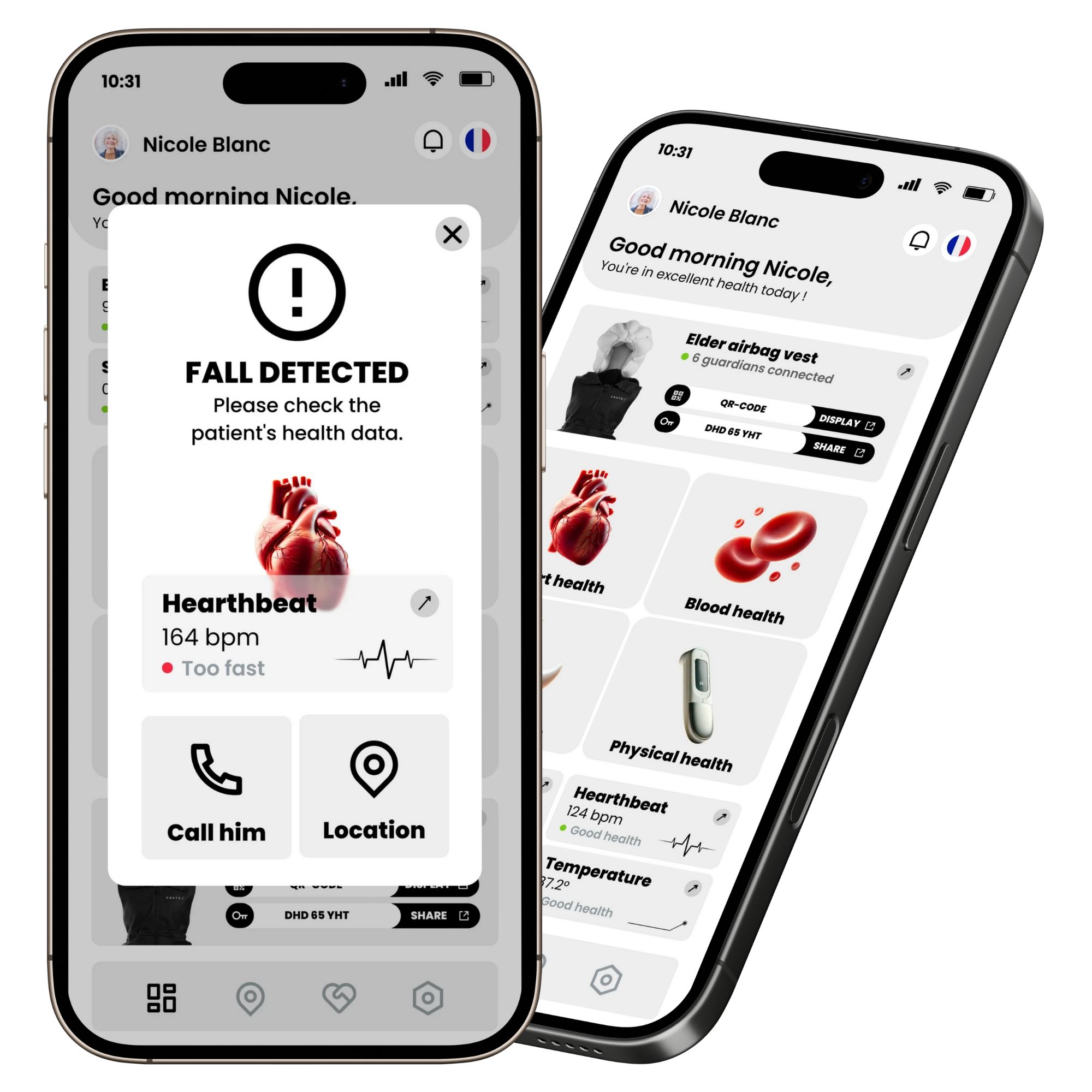 Zwei Smartphones mit App-Anzeigen. Meldung: "FALL DETECTED". Herzfrequenz: 164 bpm. Optionen: Anrufen, Standort. Weitere Gesundheitsdaten.