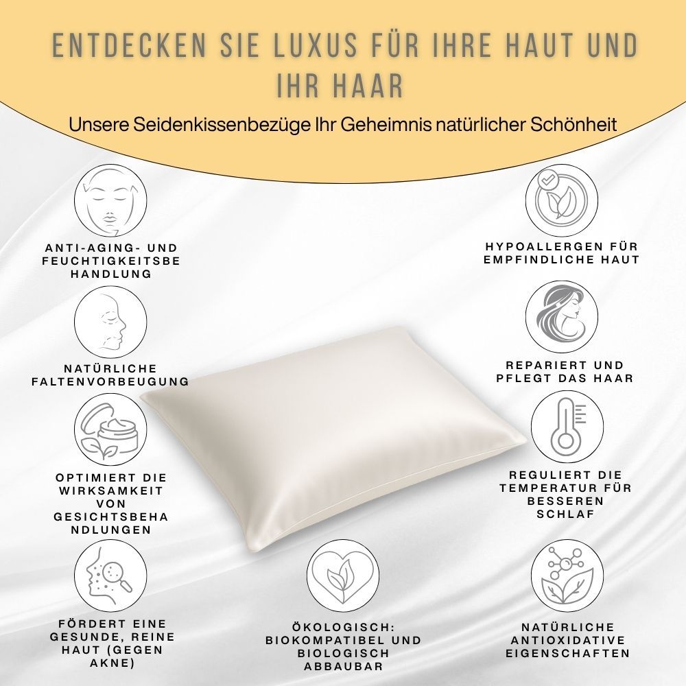 Weißes Kissen mit Infografik. Icons und Text mit Produktvorteilen.