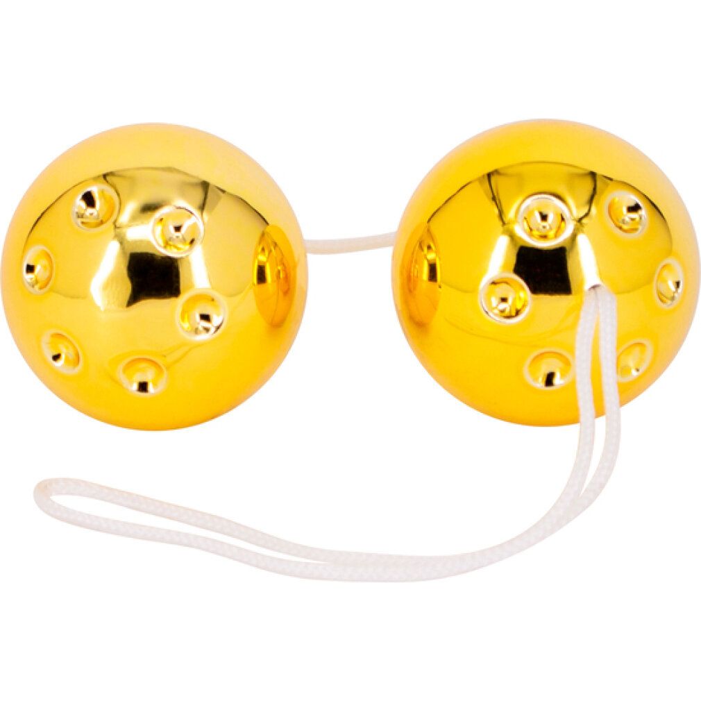Zwei goldfarbene Kugeln, durch eine Schnur verbunden. Die Kugeln sind glänzend und rund.