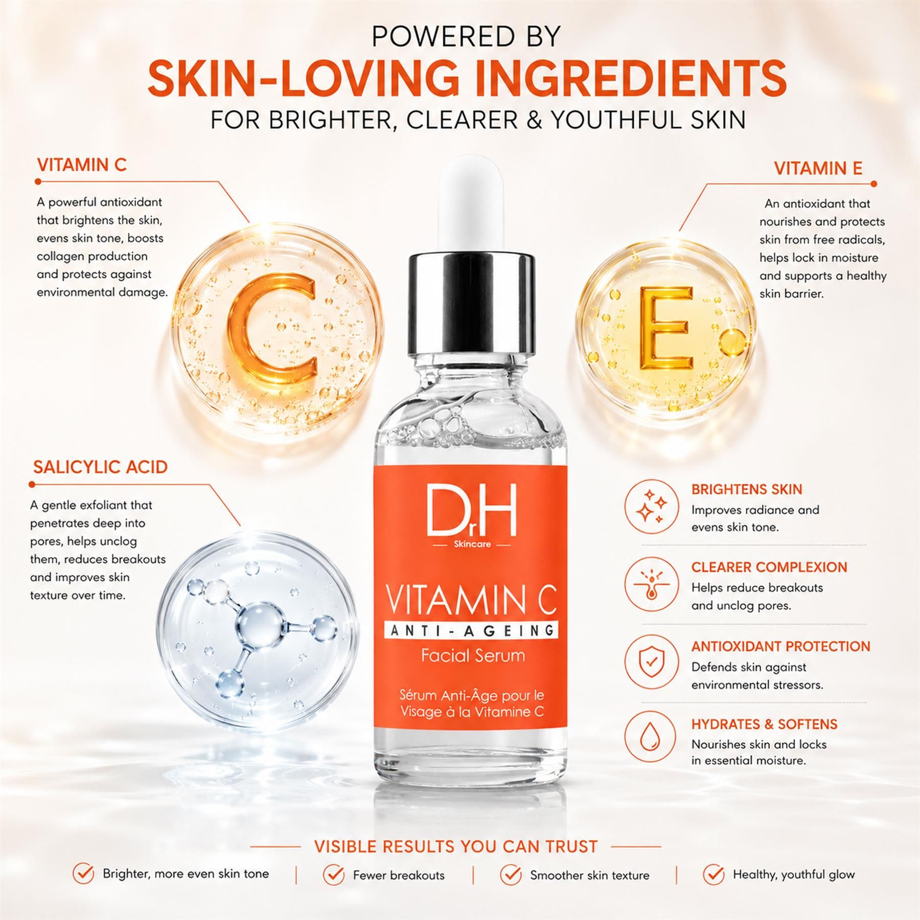 Dr H Anti-Aging Vitamin C Gesichtsserum mit Informationen zu Vitamin C, E und Salicylsäure.