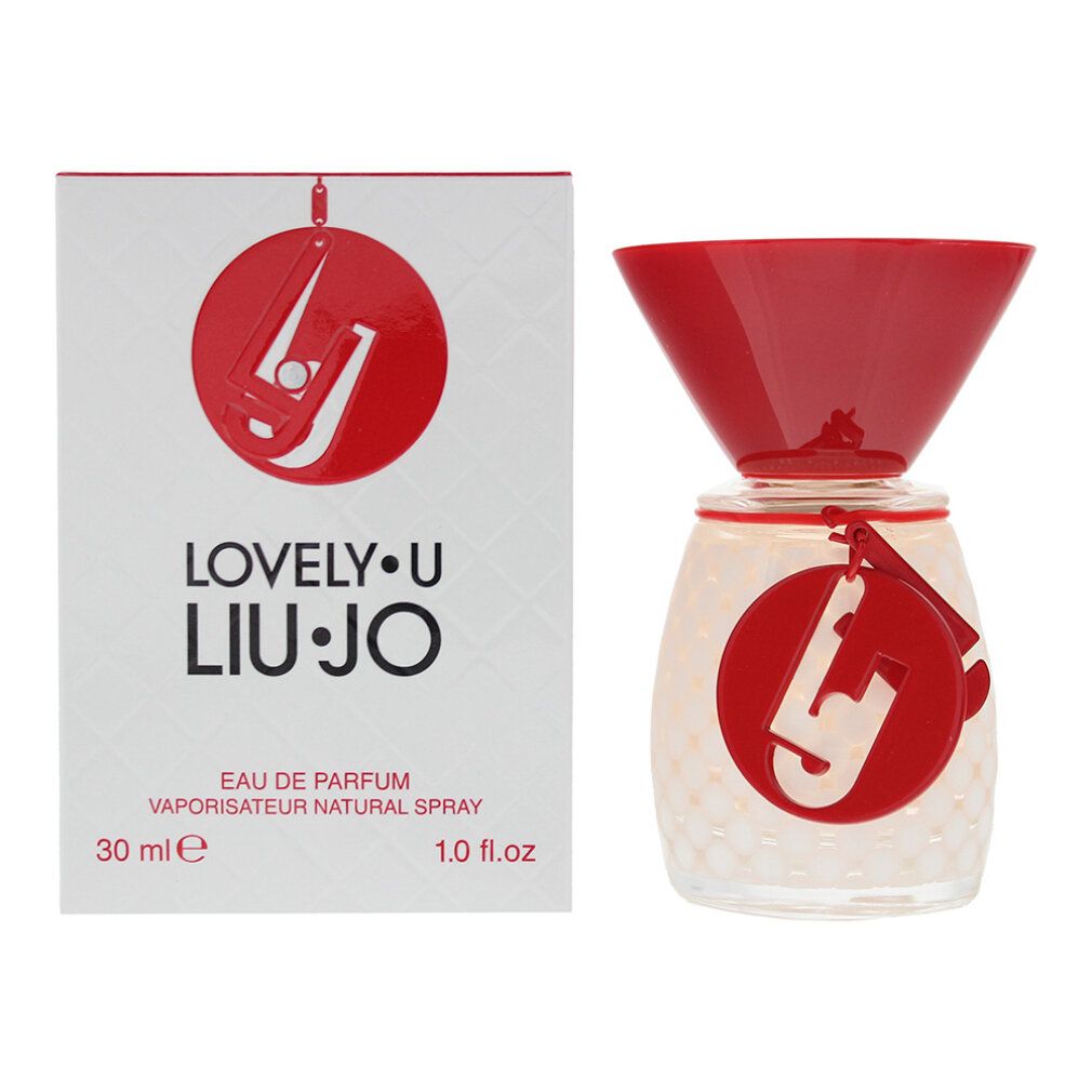 Parfümflakon und -verpackung. Roter Deckel, weißes Glas mit rotem Logo. Verpackung mit Logo und Text.