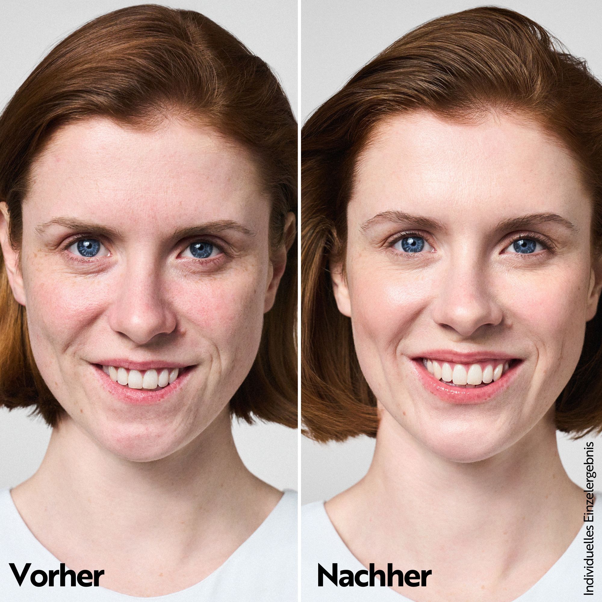 Vorher-Nachher-Vergleich. Frau mit ungeschminktem Gesicht, dann mit geschminktem Gesicht. Deutlicher Unterschied im Hautbild.