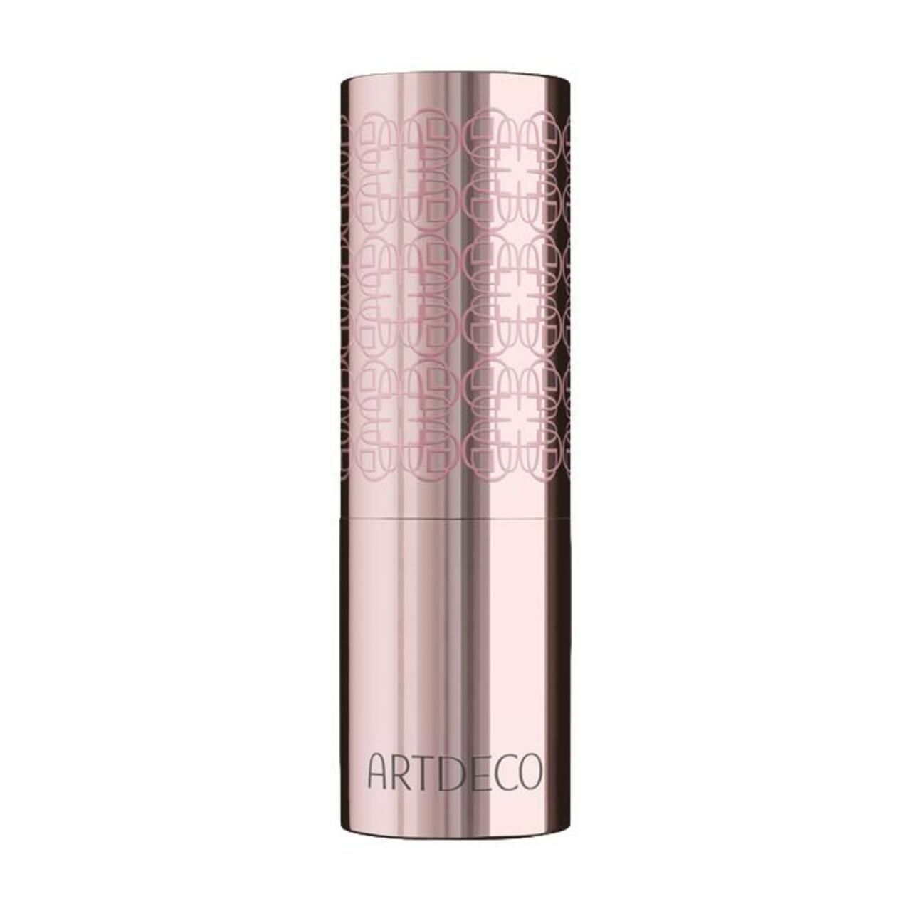 Roséfarbenes Couture-Lippenstiftetui von Artdeco. Zylindrisch, mit Muster und Schriftzug. Vertikale Ansicht.