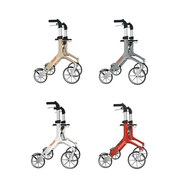Vier Rollatoren in verschiedenen Farben: Beige, Grau, Weiß und Rot. Alle haben vier Räder und schwarze Griffe.