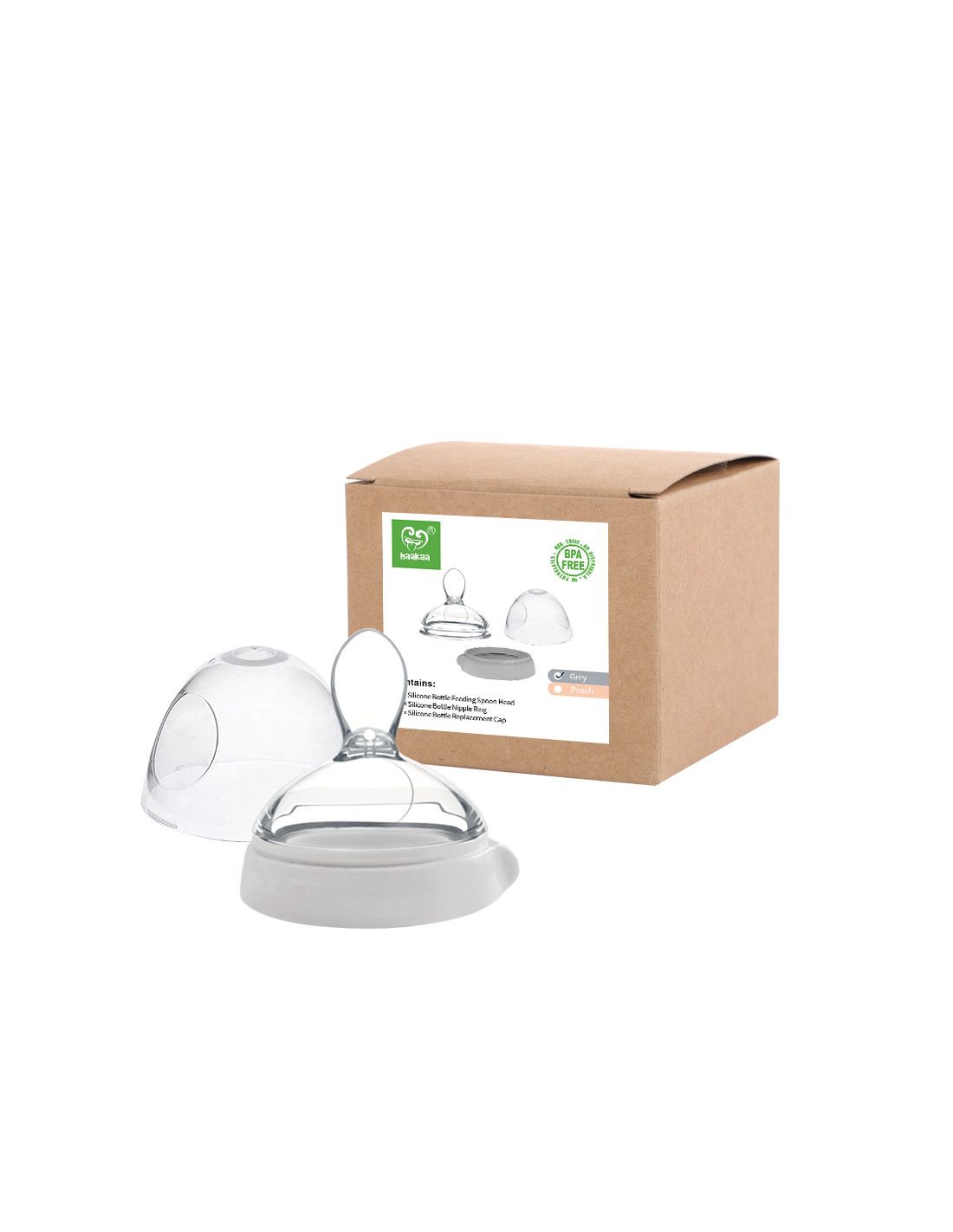 Set mit Sauger, Deckel und grauem Ring, neben brauner Verpackung. Aufdrucke: BPA-frei, Produktabbildung.