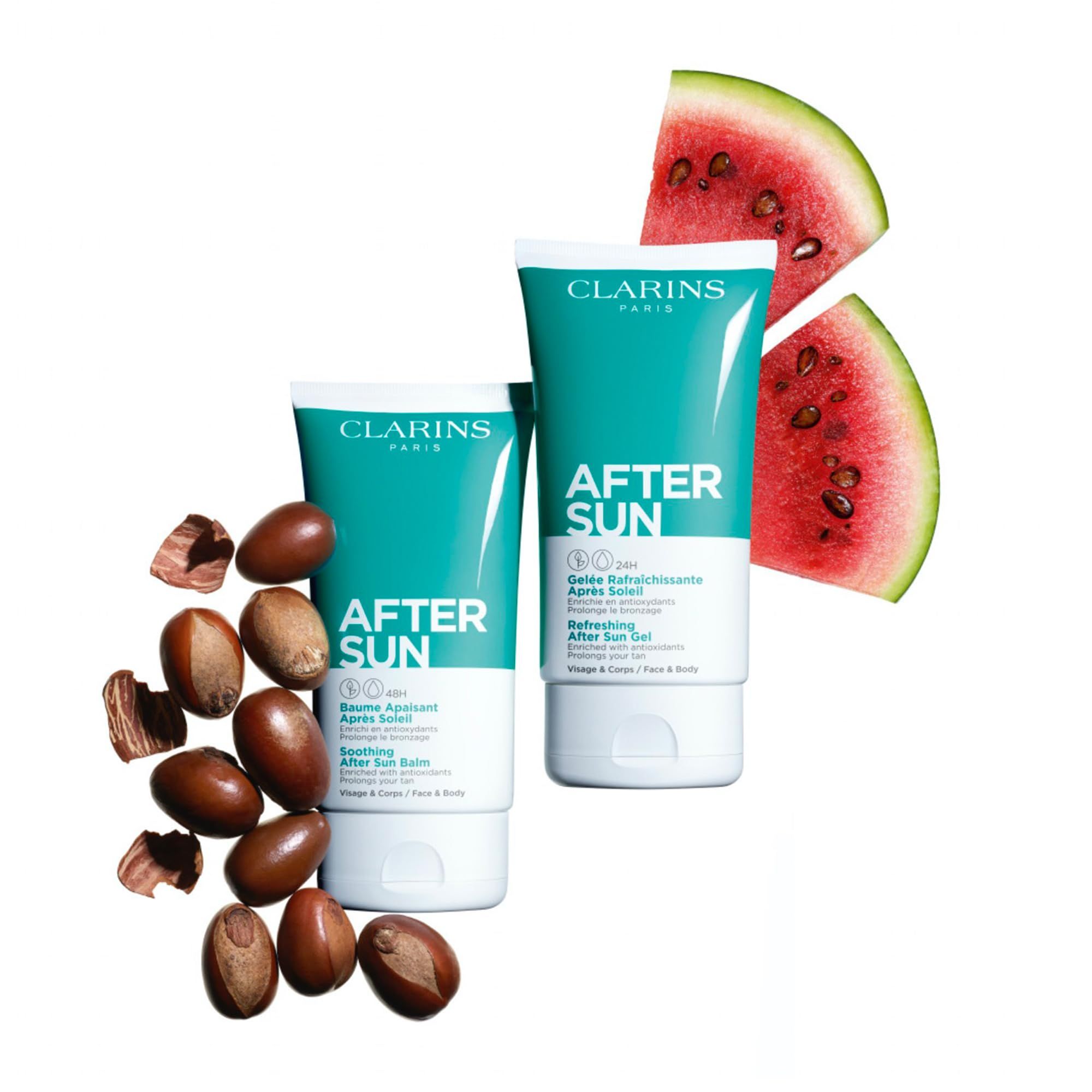 Zwei Tuben Clarins After Sun Gel, Wassermelone und Nüsse. Türkis-weißes Design.