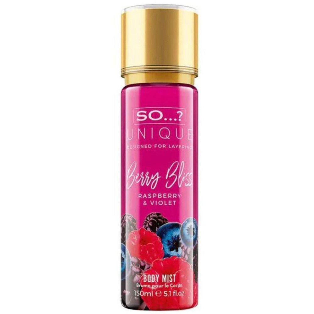 Rosa Körperspray-Flasche mit goldfarbenem Deckel. Aufschrift: So Unique, Berry Bliss, Himbeere & Veilchen. Abbildung von Beeren.