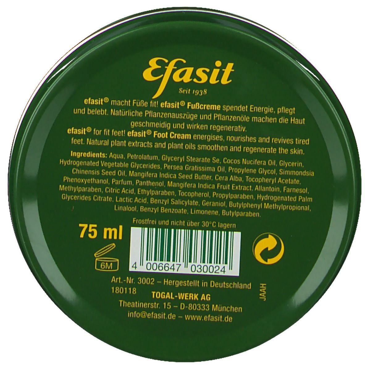 Grüne Dose mit gelbem Schriftzug 'Efasit'. Enthält Fußcreme. Aufschrift: 'Energie spendende Fußcreme'. 75 ml.