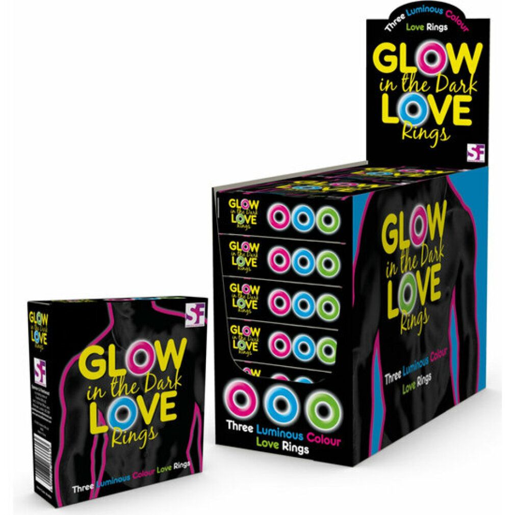 Produktpräsentation mit Verpackungen. Text: Glow in the Dark Love Rings. Mehrere Farben.