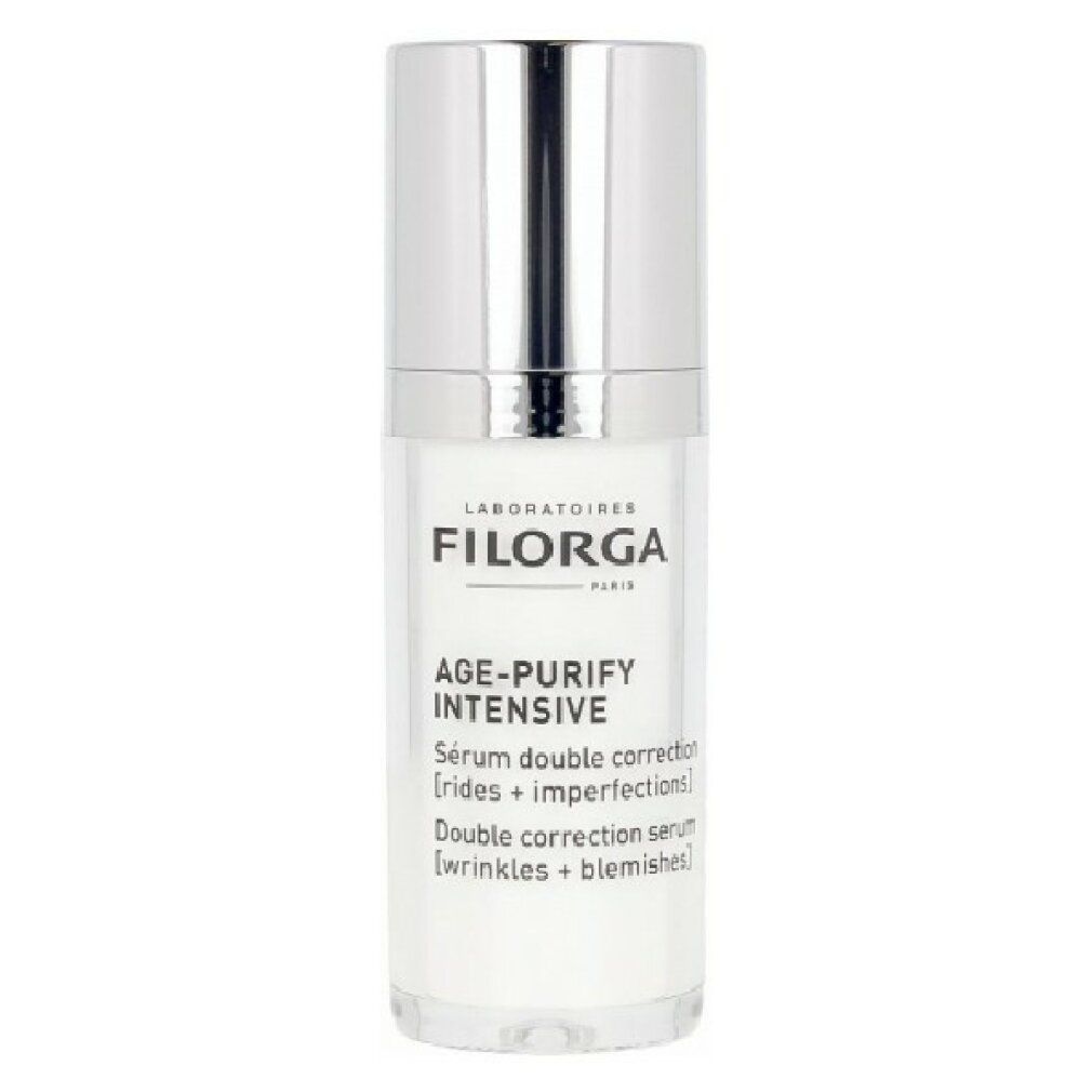 Filorga Age-Purify Intensive Serum. Weiße Flasche mit silbernem Deckel. Produktname und Text auf der Vorderseite.