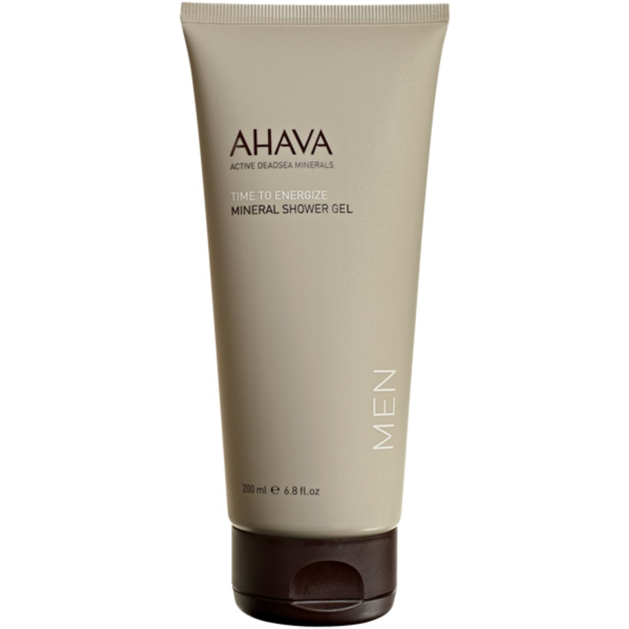 Beige Tube AHAVA TIME TO ENERGIZE Mineral Shower Gel für Männer. Schwarzer Deckel, Schriftzug und Logo.
