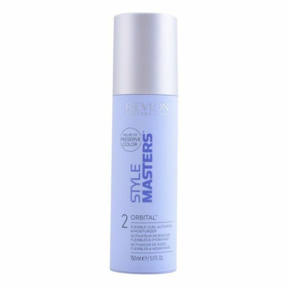 Revlon Style Masters 2 Orbital. Flexible Curl Activator & Moisturizer. Hellblaue Flasche mit silbernem Deckel. Produktbeschriftung.