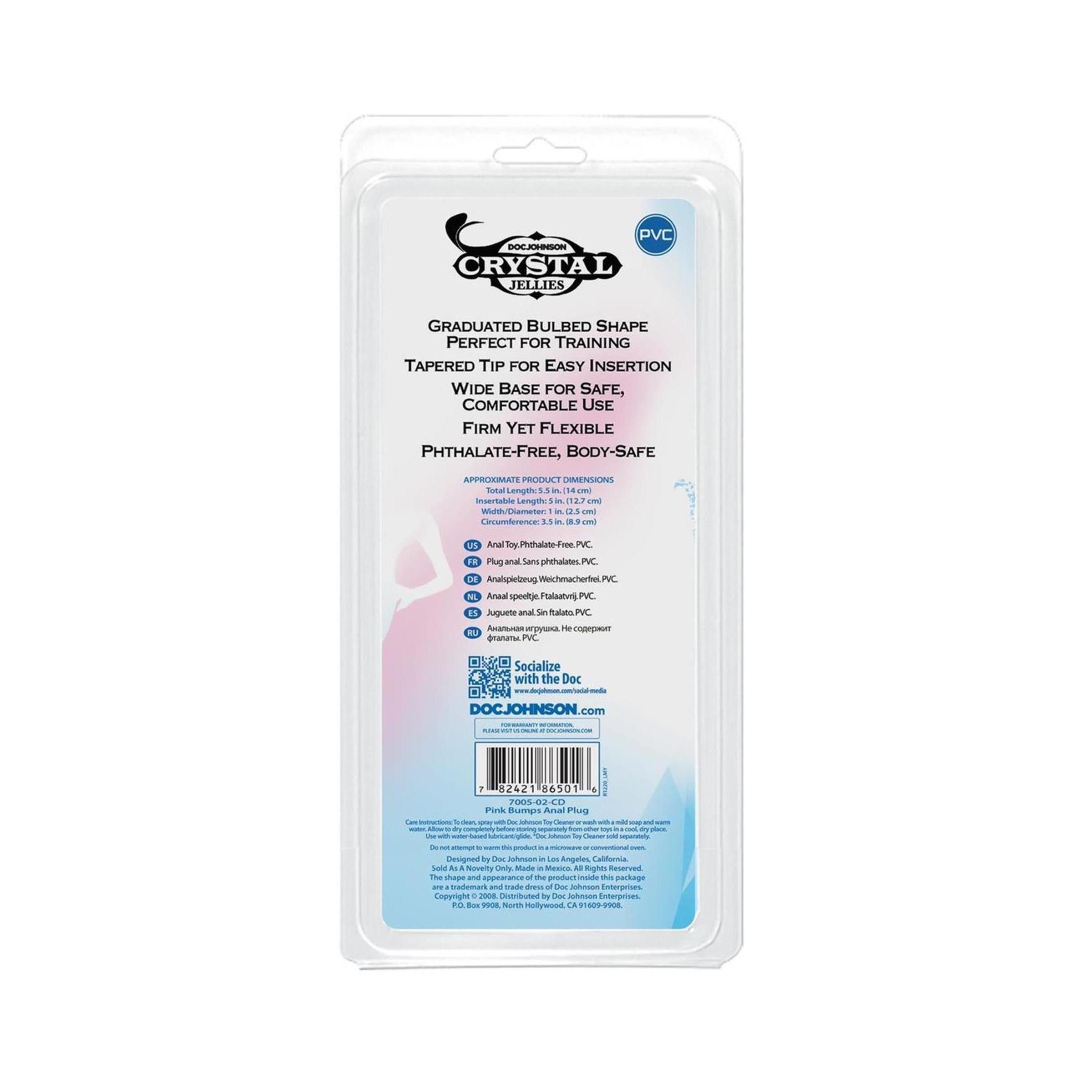 Rückseite der Blisterverpackung. Text: Graduated Bulbed Shape, Perfect for Training, Tapered Tip, Wide Base, Firm Yet Flexible.