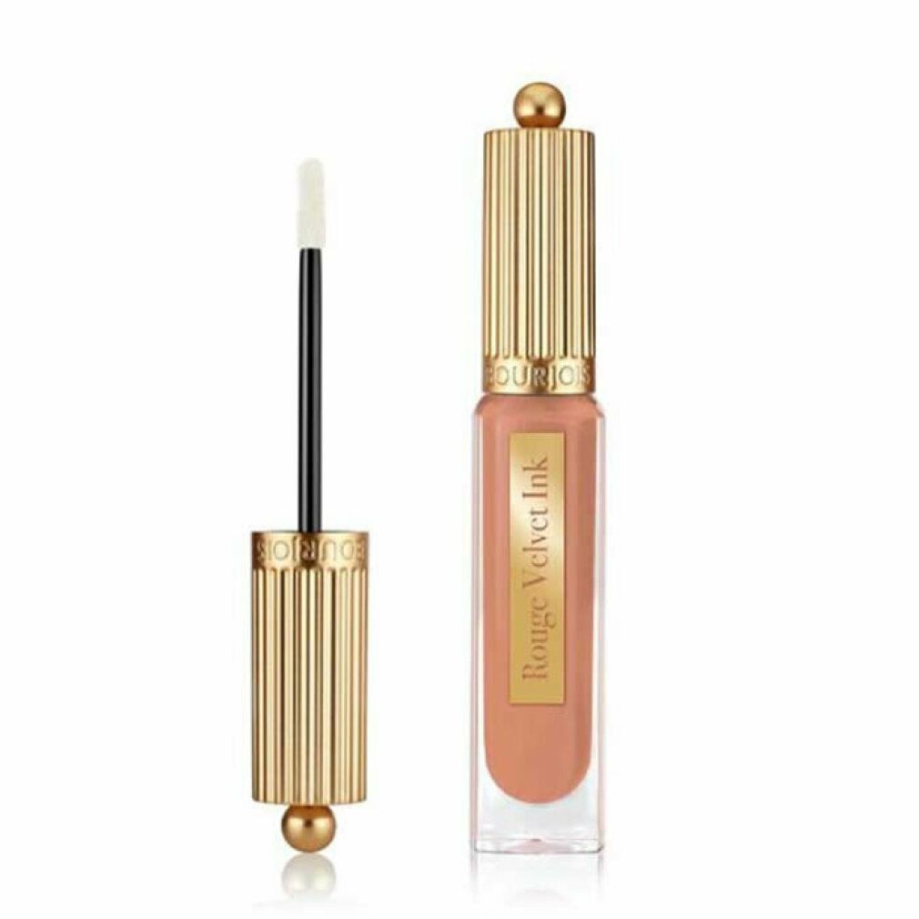 Lippenstift mit goldfarbenem Deckel und Applikator. Produktname: Rouge Velvet Ink. Farbe: 01 Beige De Jour. Applikator mit weißer Spitze.