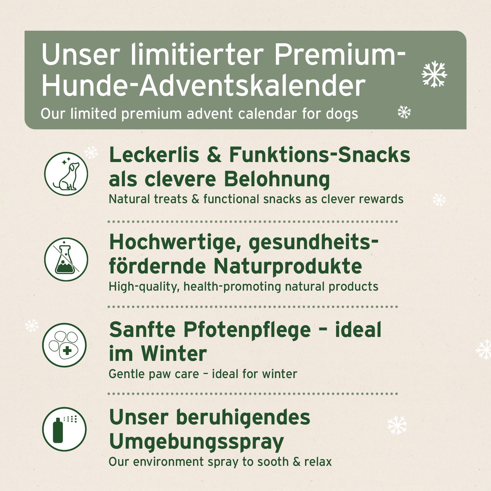 Hunde-Adventskalender mit 24 nummerierten Türchen, dekoriert mit weihnachtlichen Motiven und Hunden.