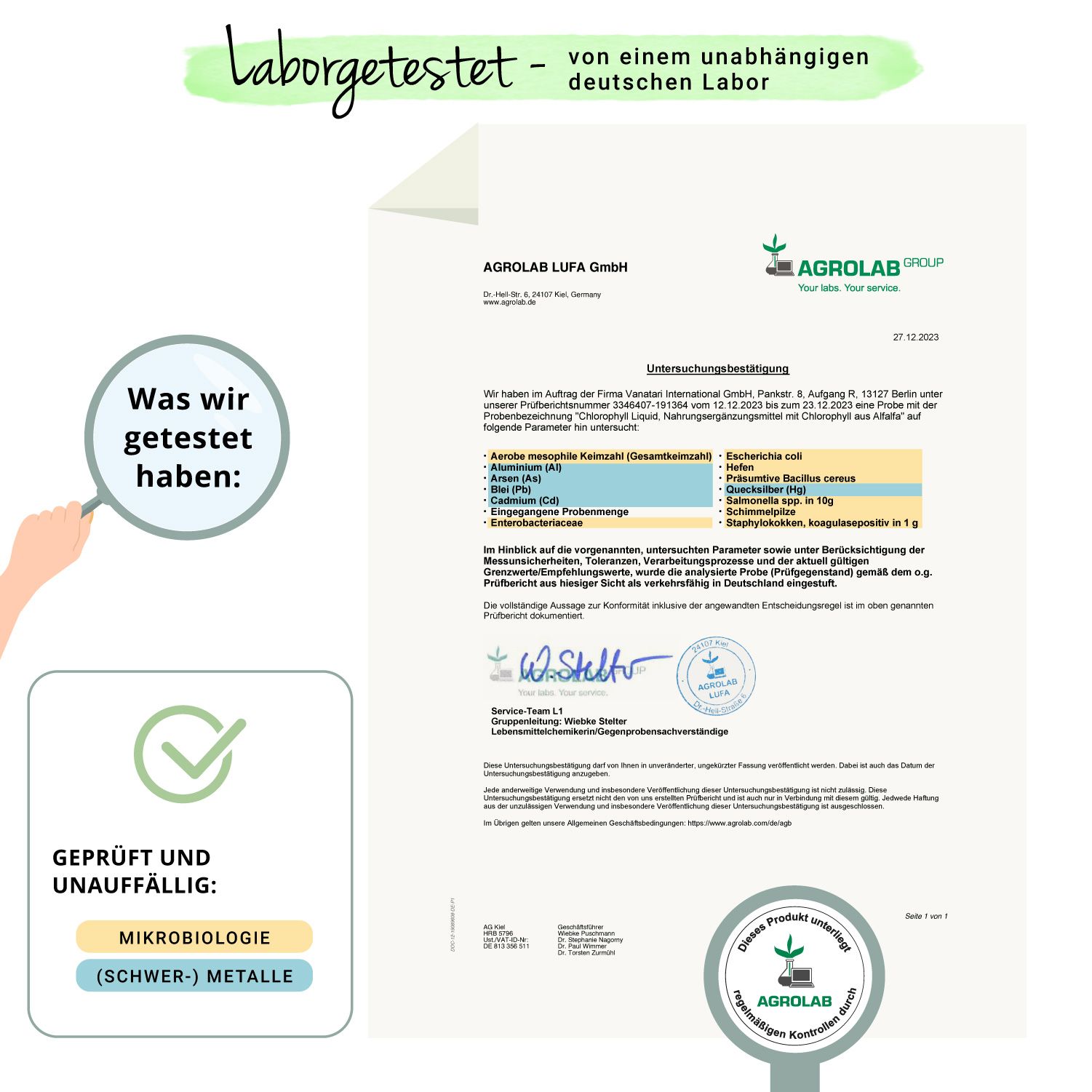 Zertifizierungsdokument von Agrolab LUFA GmbH. Bestätigung der Prüfung von Chlorophyll Liquid. Geprüft und unauffällig: Mikrobiologie (Schwermetalle).