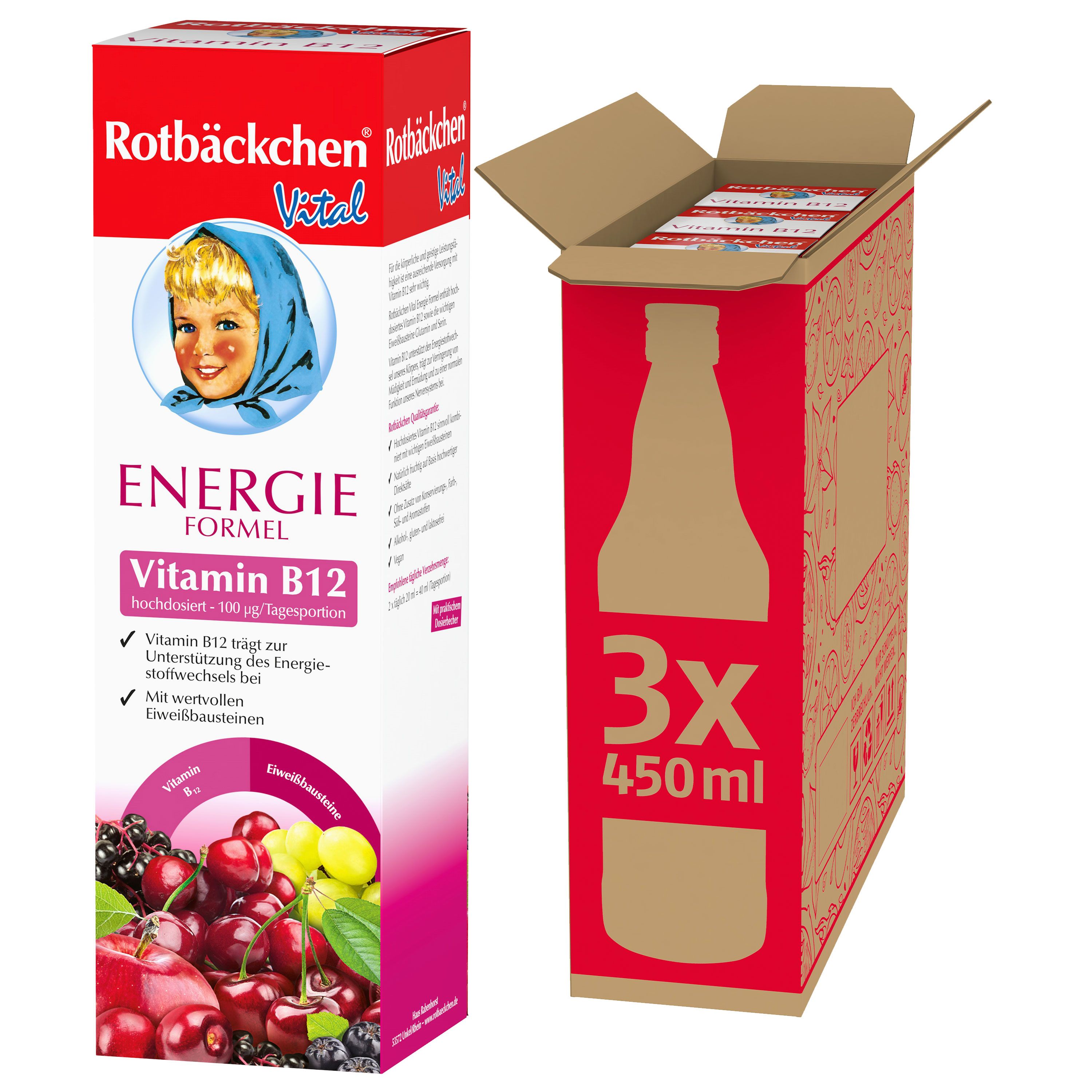 Rotbäckchen Vital Energie Formel. Rote Verpackung mit Produktabbildung und 3 Flaschen. Karton mit 3x450ml Flaschen.