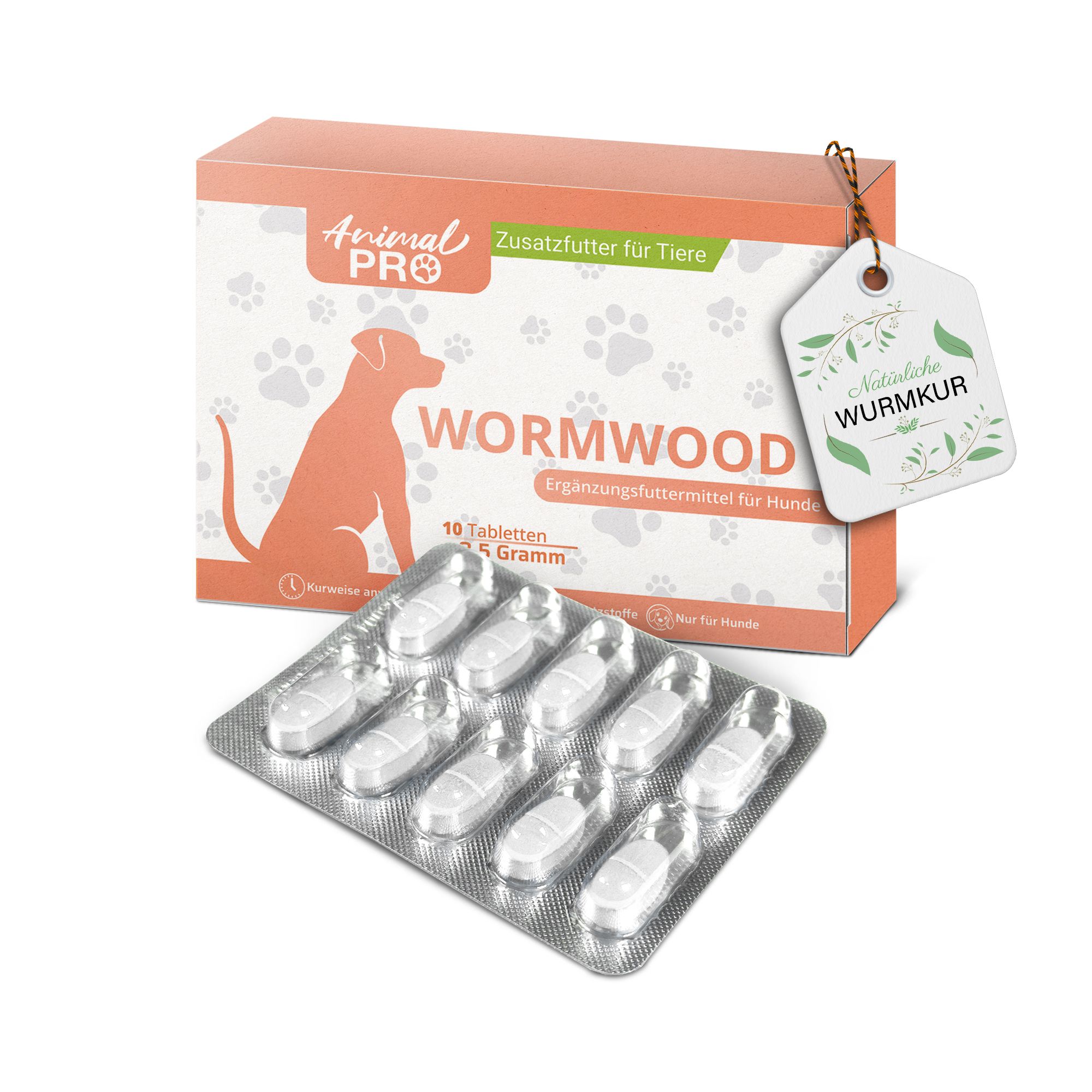 Verpackung mit 10 Tabletten für Hunde, mit Abbildung eines Hundes und der Aufschrift "Wormwood".
