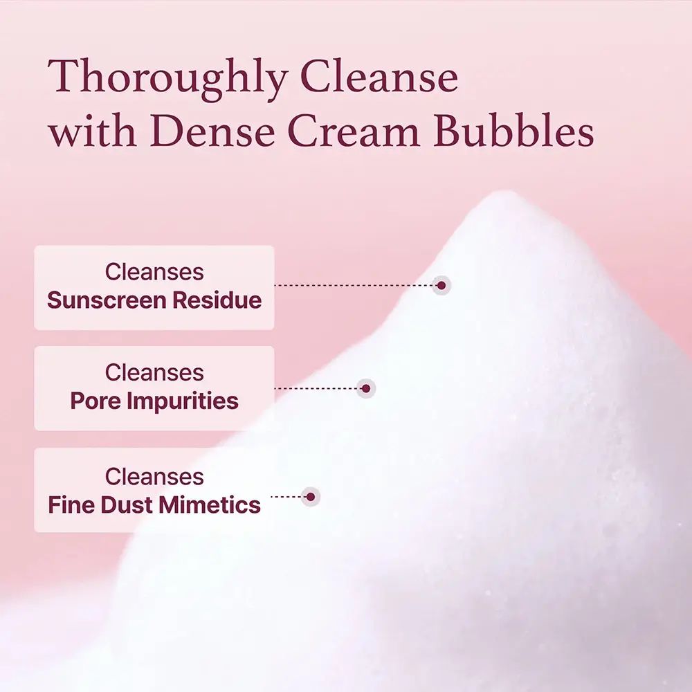 Schaum. Text: 'Thoroughly Cleanse with Dense Cream Bubbles'.