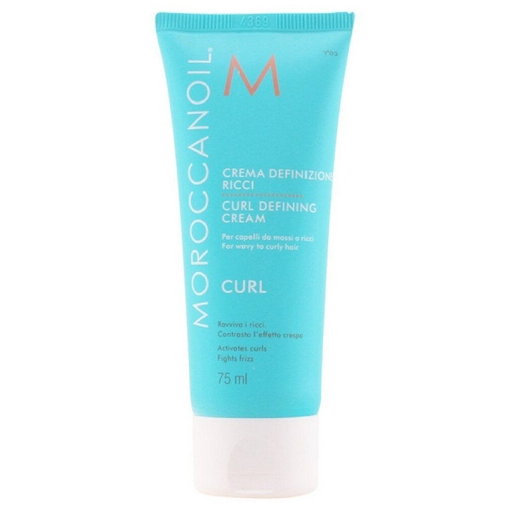 Türkis-weiße Tube. Text: Moroccanoil, Crema Definizione Ricci, Curl Defining Cream. 75 ml.