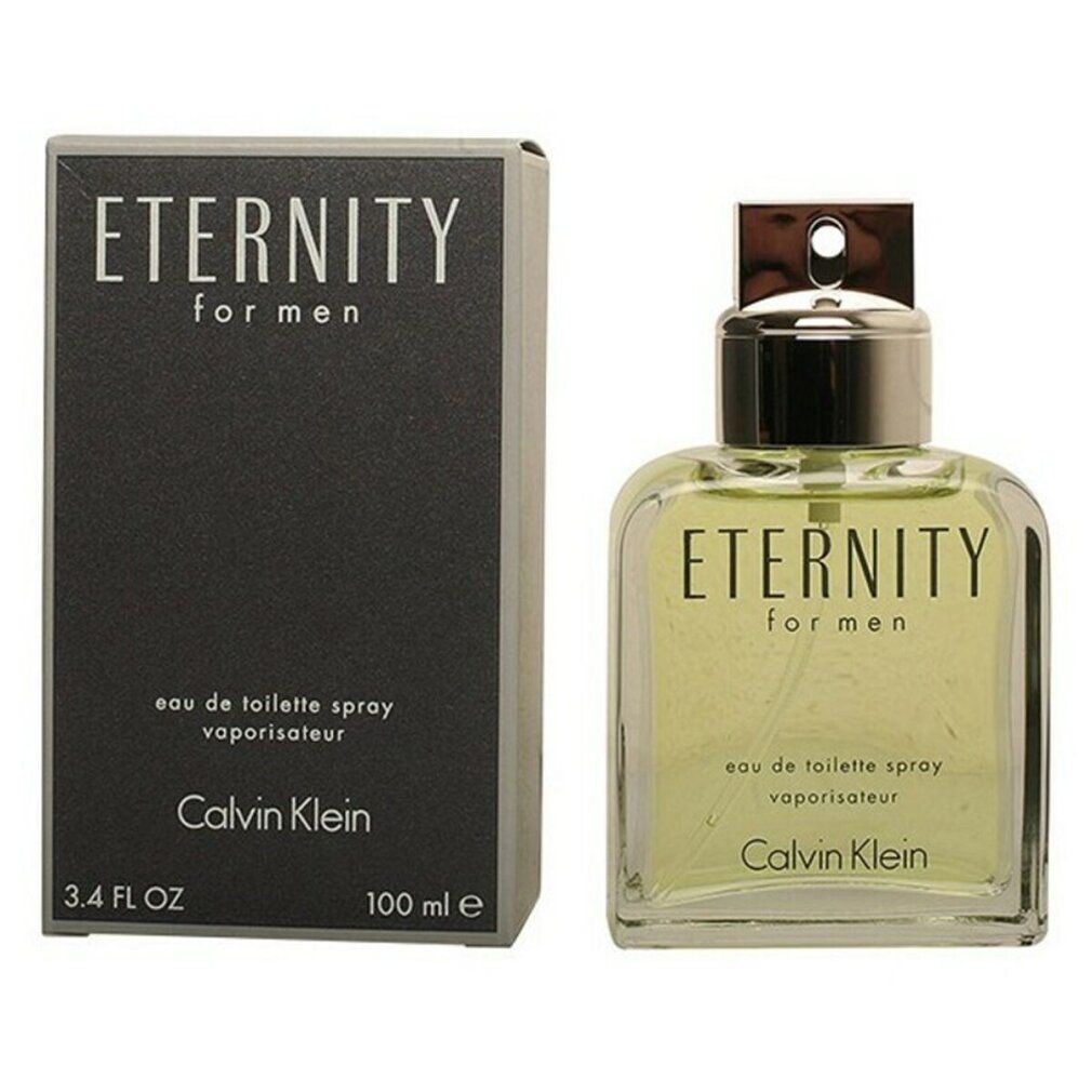Flakon und Verpackung von Calvin Klein ETERNITY for Men. Eckiger Flakon, grüne Flüssigkeit, silberner Verschluss. Schwarze Verpackung.