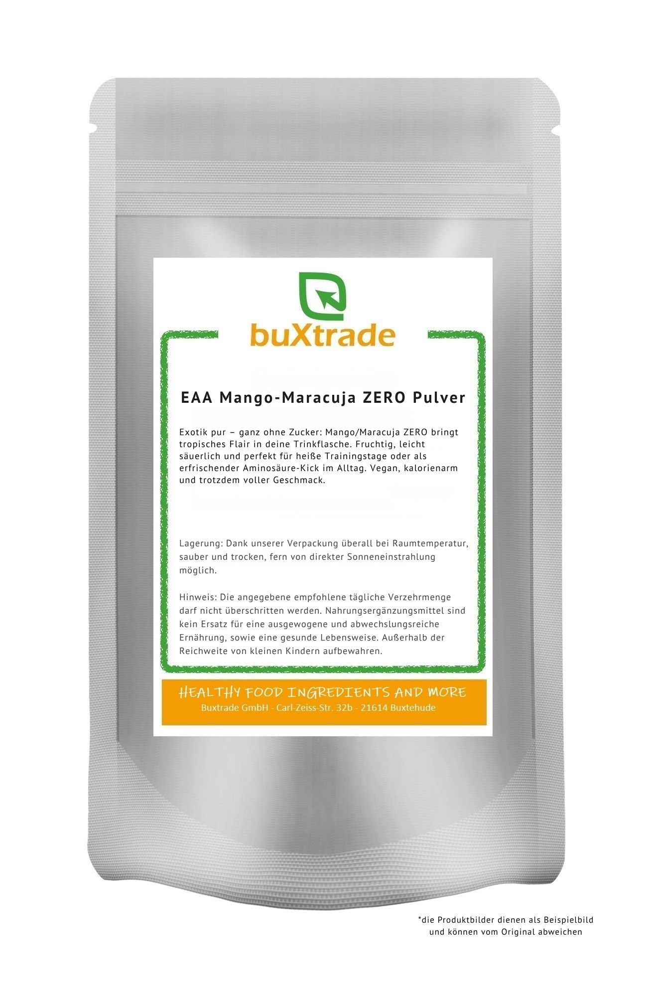 Beutel mit buXtrade EAA Zero Pulver. Aufschrift: EAA Mango-Maracuja ZERO Pulver. Grün umrandetes Etikett mit Text.