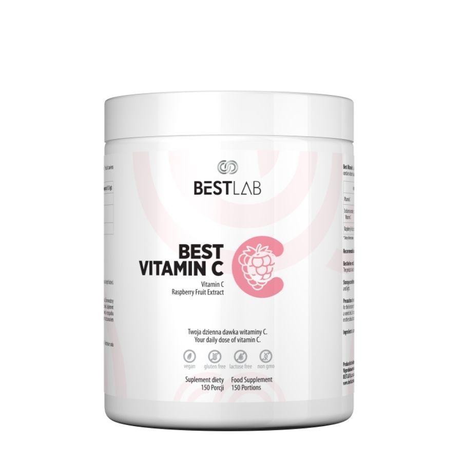 Weißer Behälter mit Aufschrift BEST VITAMIN C. Enthält Himbeer-Fruchtextrakt. Vegan, glutenfrei, ohne Zucker, ohne Gentechnik.