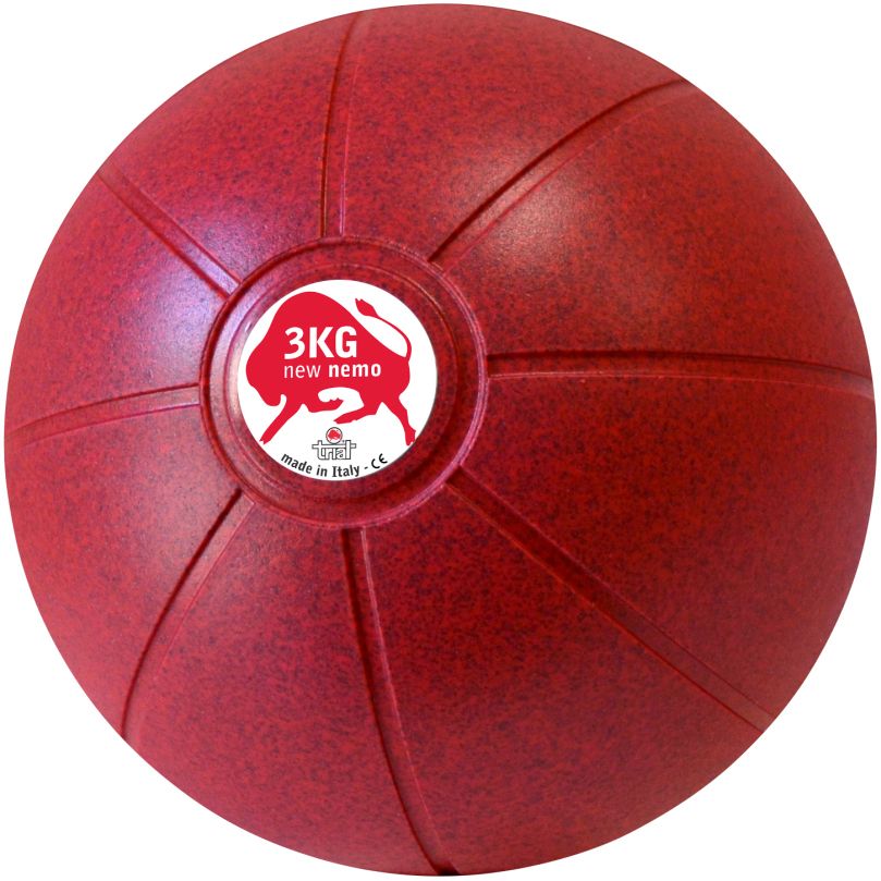 Roter Medizinball. Aufdruck: 3KG, new nemo, Logo. Strukturierte Oberfläche. Hergestellt in Italien.
