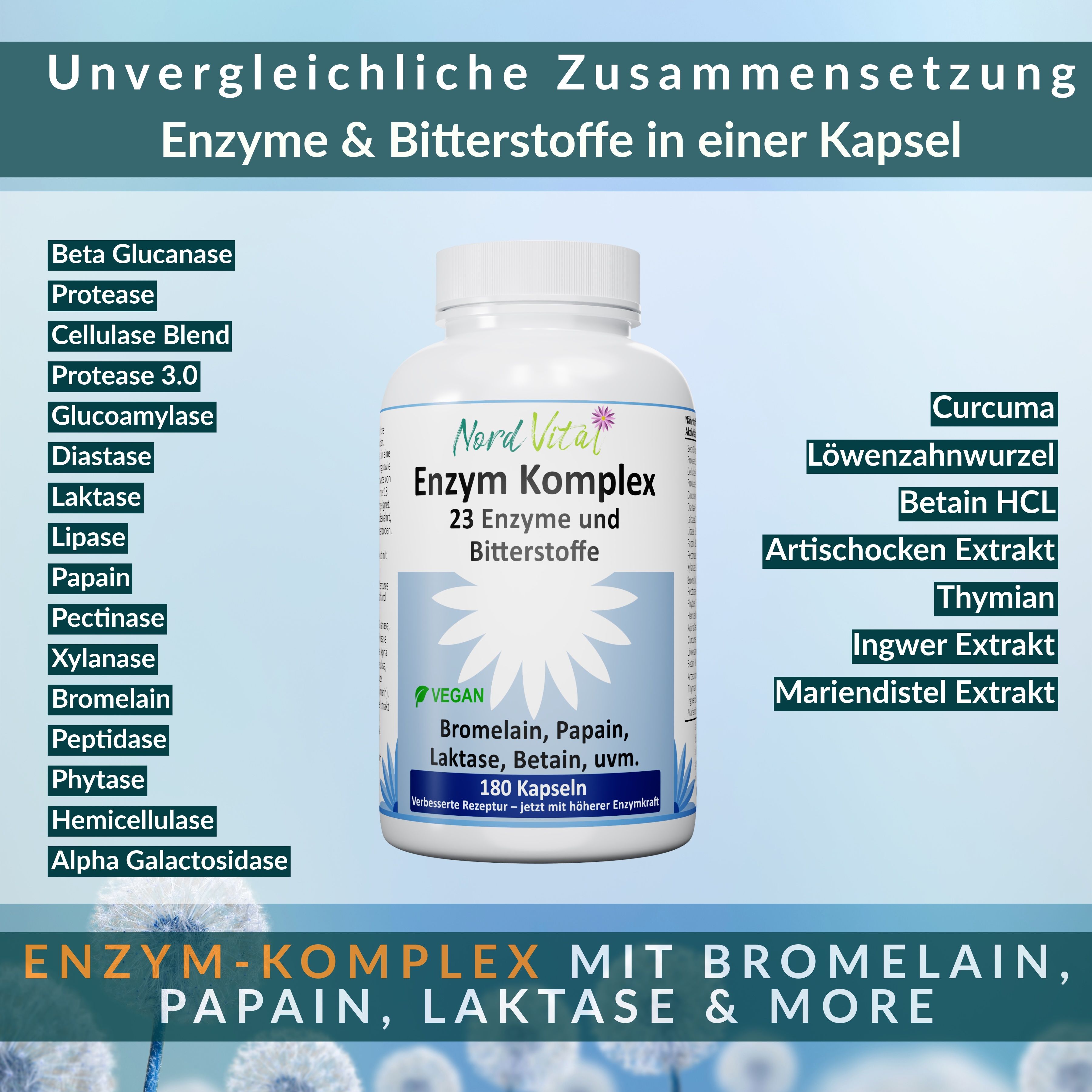 Nord Vital Enzym Komplex mit 23 aktiven Inhaltsstoffen – magensaftresistente Kapseln