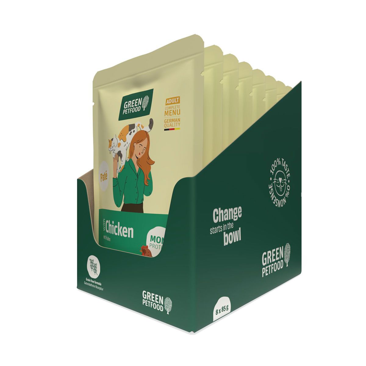 Green Petfood Katzenfutter Paté mit Huhn, 8x85g Packung.