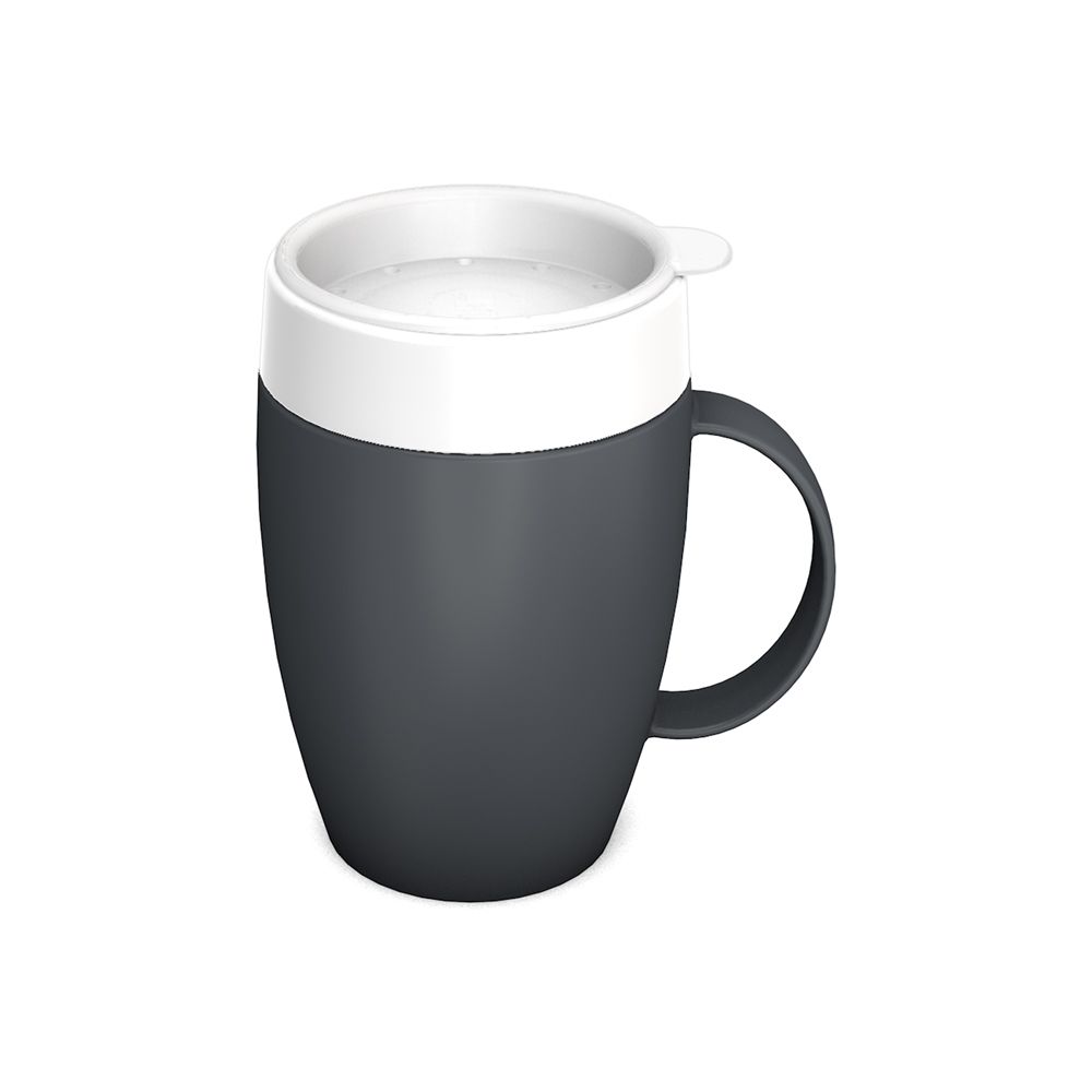 Becher mit Trink-Trick, anthrazitfarben, weißer Deckel. Kleiner Henkel. Aufsatz für therapeutisches Trinken.