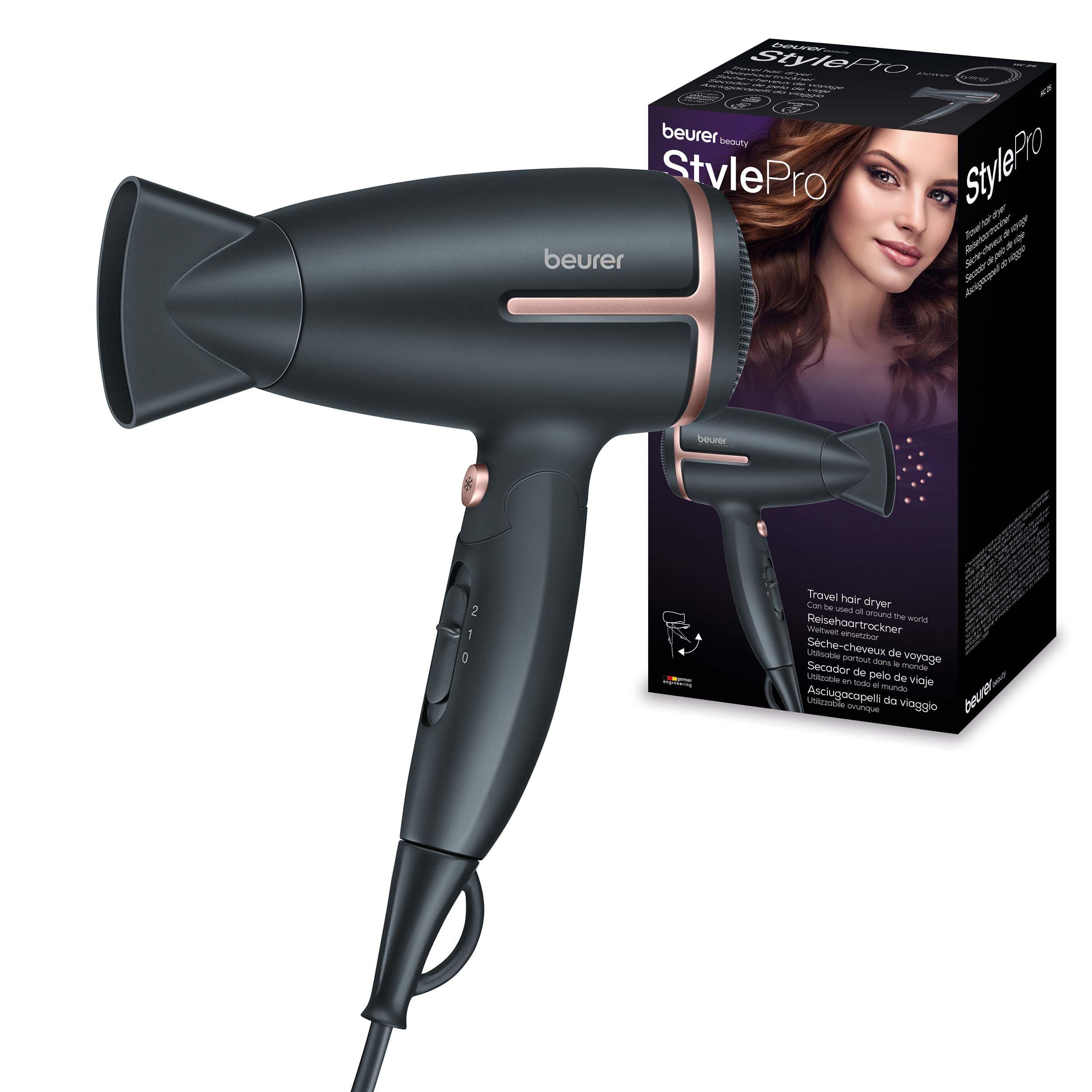 Schwarzer Haartrockner mit kupferfarbenen Akzenten und Verpackung. Auf der Verpackung ist der Markenname "beurer" und "StylePro" zu sehen.