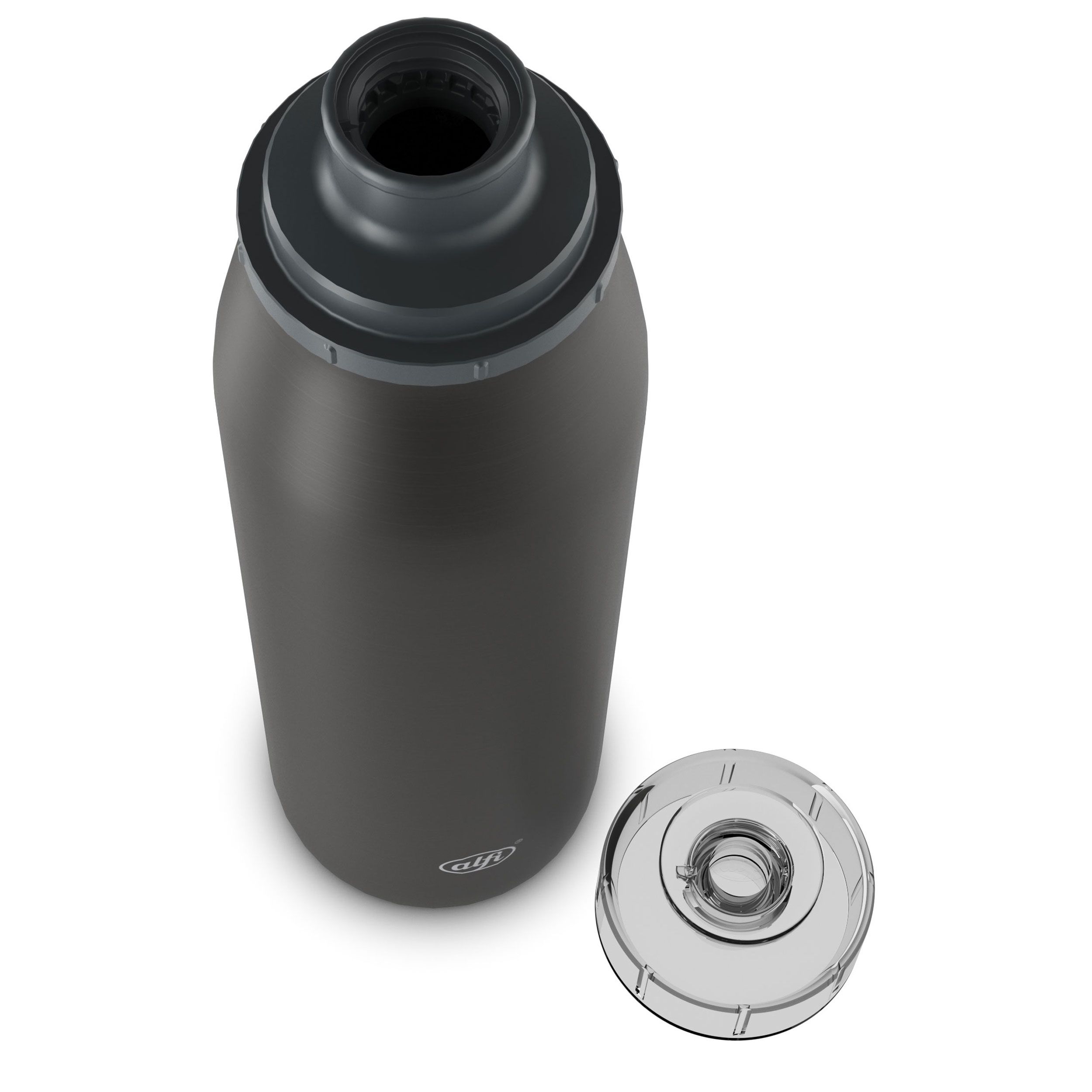 Innenansicht einer grauen Alfi Isolierflasche mit geöffnetem Verschluss.