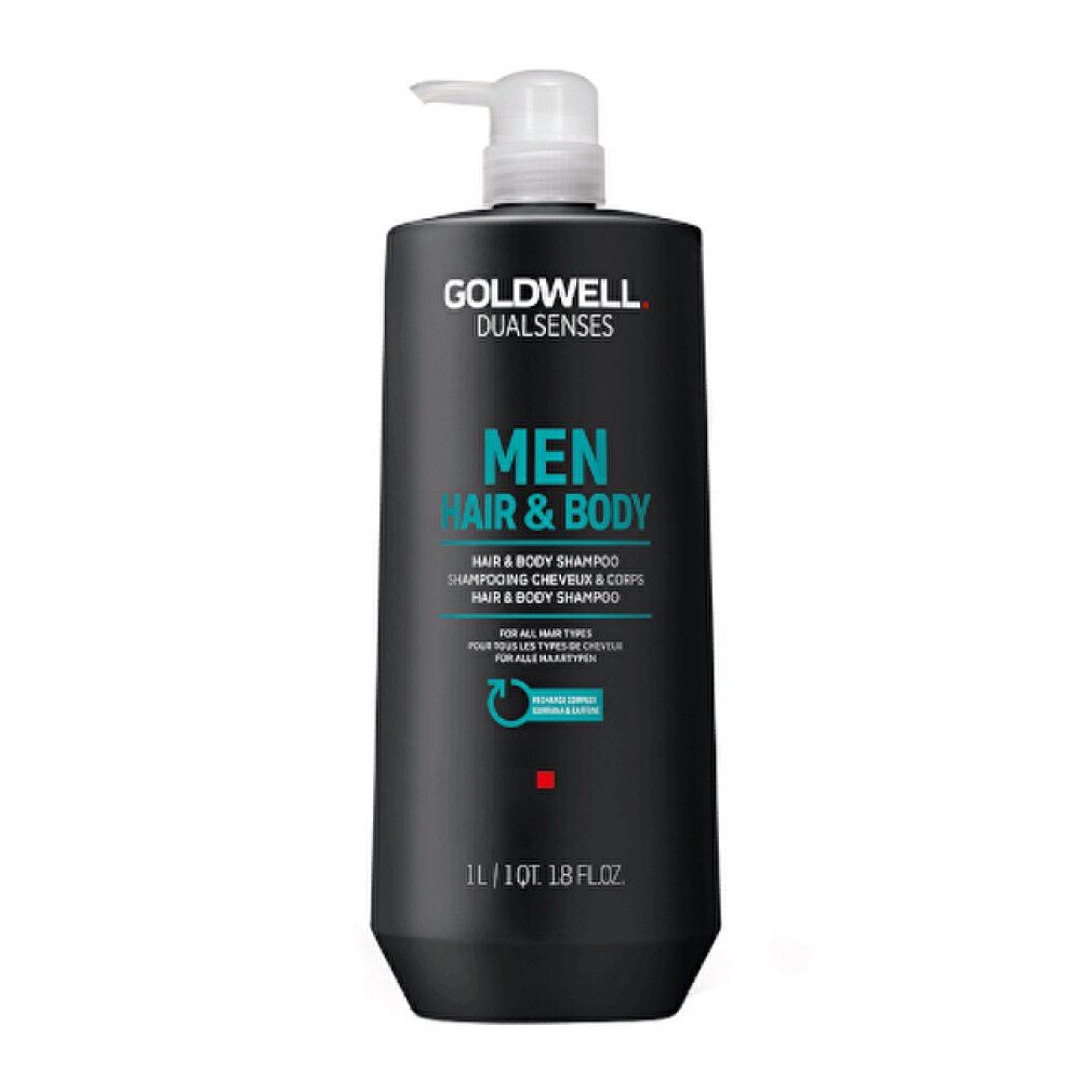 Schwarze Flasche Goldwell Dualsenses Men Hair & Body Shampoo mit Pumpe. Text: Hair & Body Shampoo, 1L.
