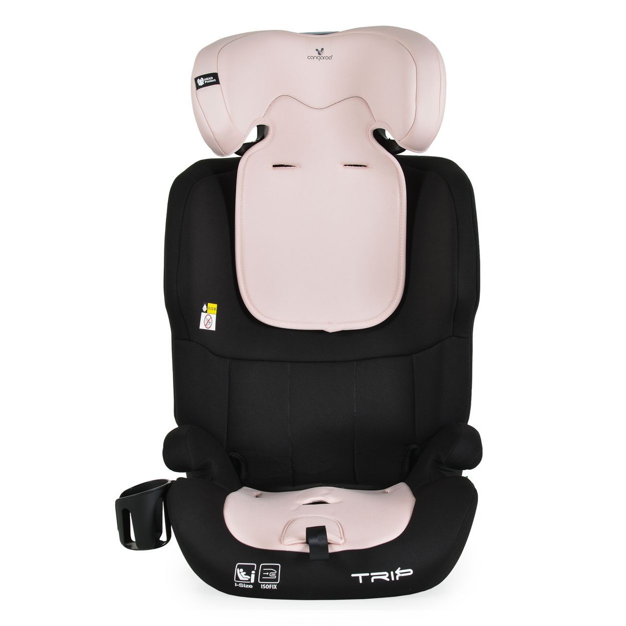 Schwarzer Kindersitz mit rosa Akzenten, Kopfstütze und 5-Punkt-Gurt, mit Becherhalter.