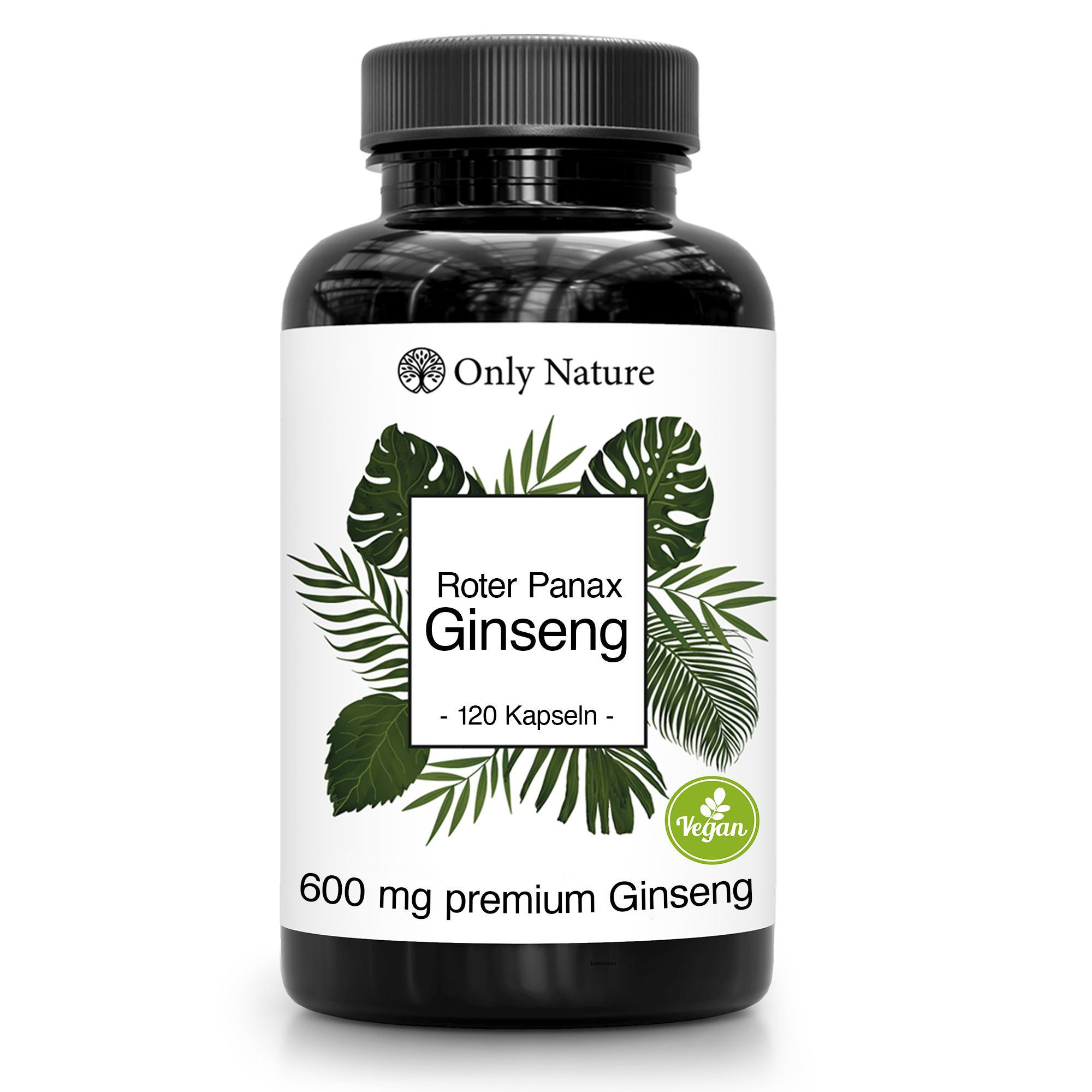 Ginseng-Kapseln-Flasche. Schwarze Flasche mit weißem Etikett. Text: Roter Panax Ginseng, 120 Kapseln, 600 mg. Vegan-Siegel.