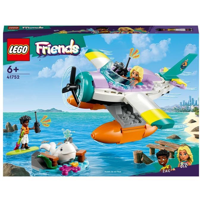 LEGO Friends 41752 Idrovolante di Salvataggio, un aereo giocattolo per il soccorso degli animali con una balena e minifigure. La confezione mostra un set colorato con un aereo, una balena e personaggi in un paesaggio marino.