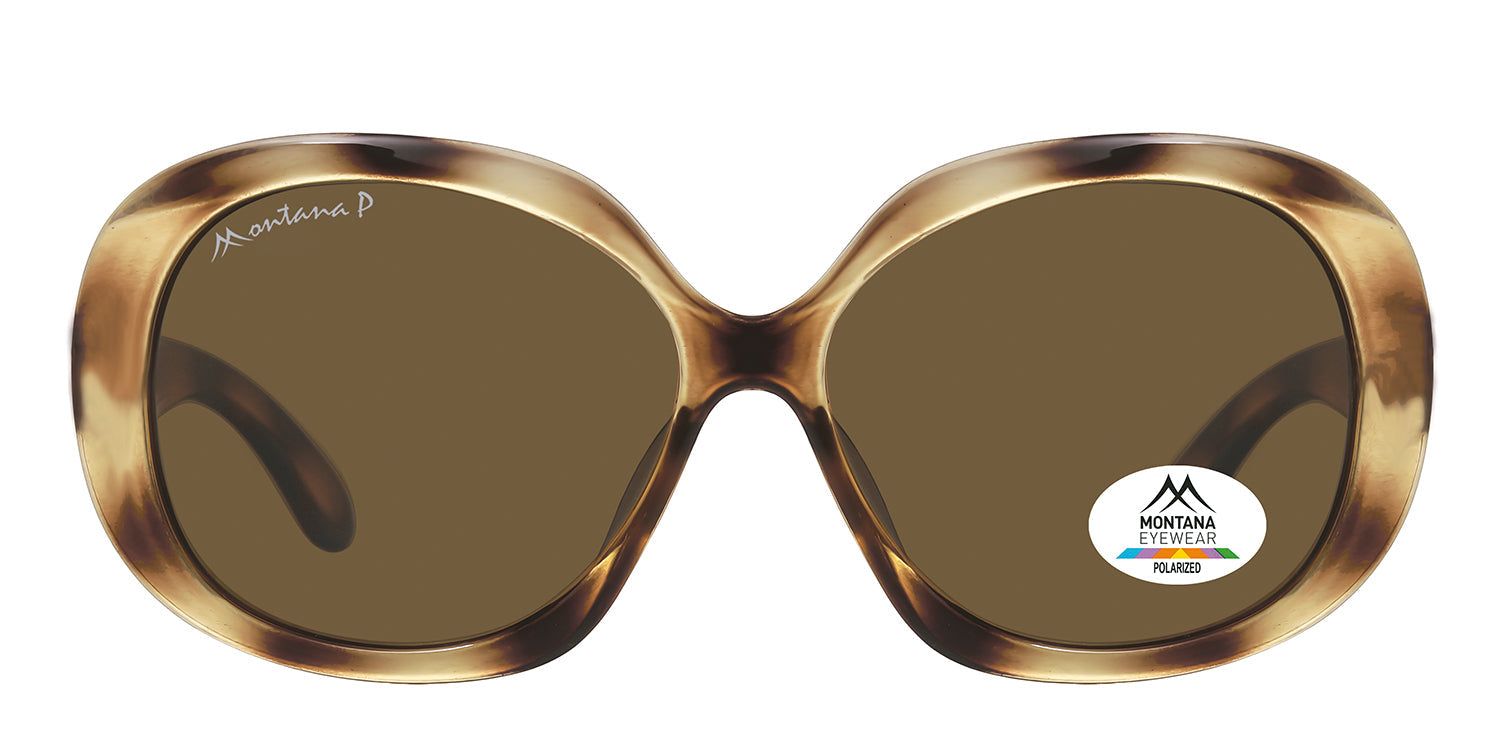 Sonnenbrille mit braunen Gläsern und braun-beigen Rahmen. Logo und Polarized-Aufkleber auf dem Glas. Montana Eyewear.