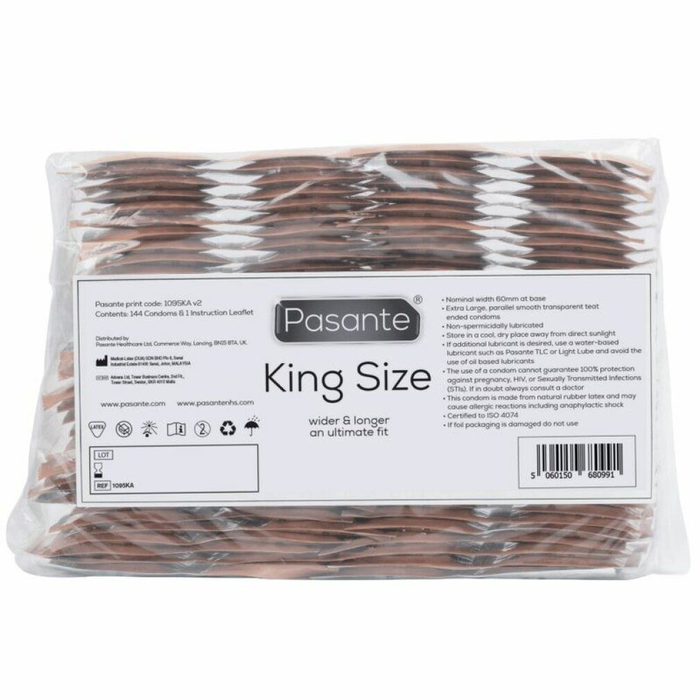 Packung mit Kondomen. Aufdruck "Pasante King Size". CE-Kennzeichnung und weitere Informationen.