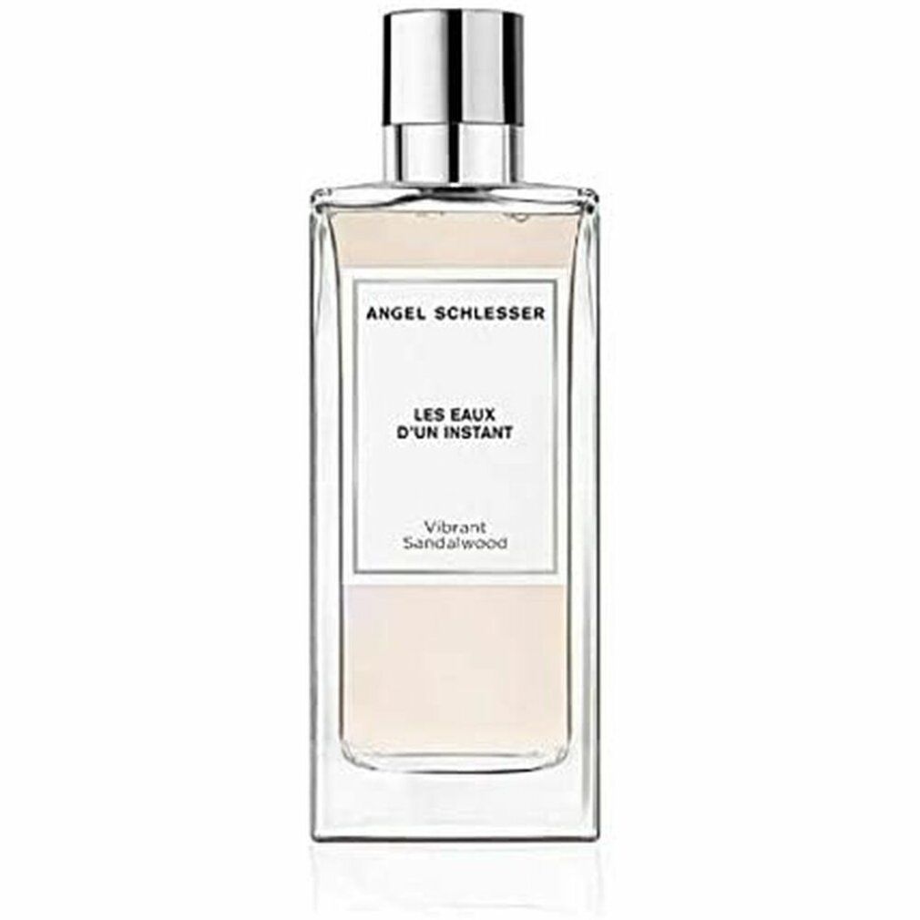 Rechteckiger Flakon mit silbernem Verschluss. Auf dem Etikett steht Angel Schlesser Les Eaux d'Un Instant Vibrant Sandalwood.