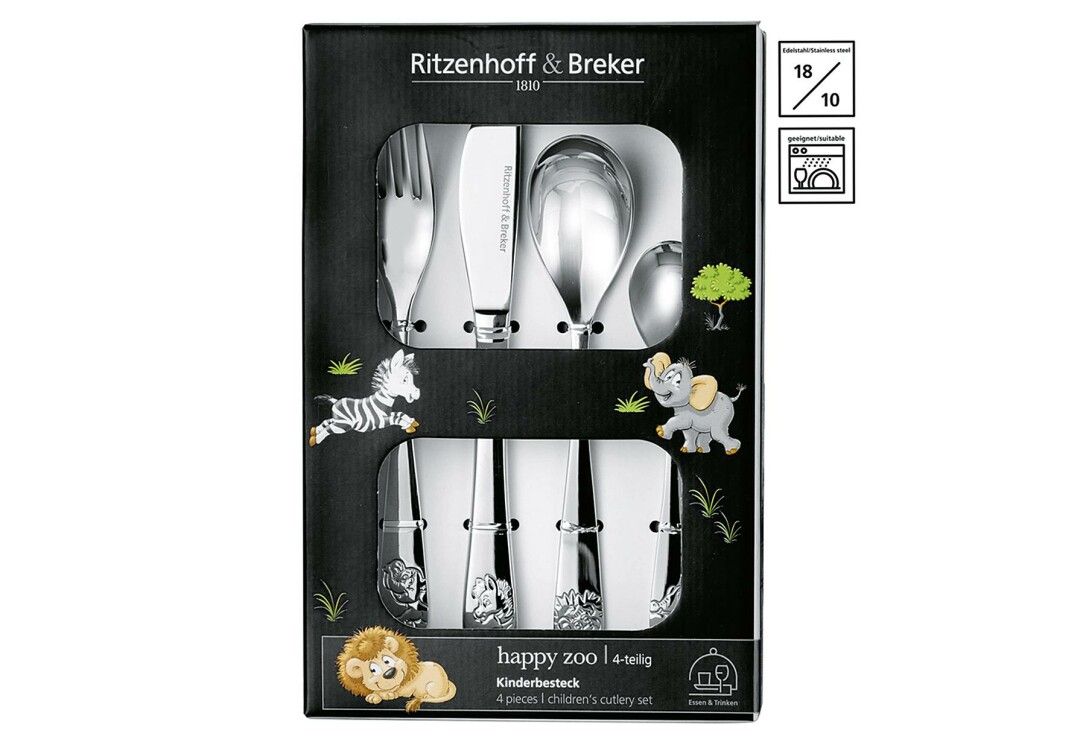 Verpackung des Kinderbesteck-Sets. Enthält Gabel, Messer, Löffel und Teelöffel. Mit Tierillustrationen und Logo Ritzenhoff & Breker.
