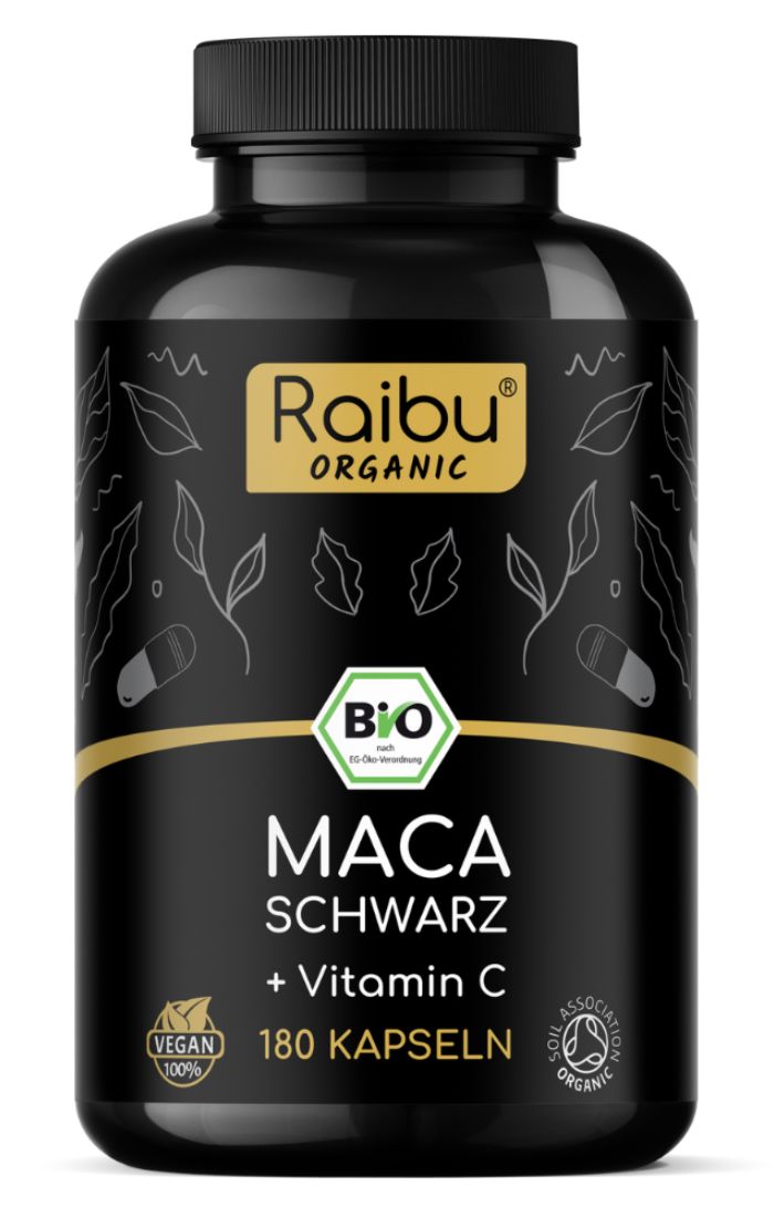 Schwarze Flasche mit MACA Kapseln, Vitamin C, 180 Kapseln. Raibu Organic Logo und Bio-Siegel.