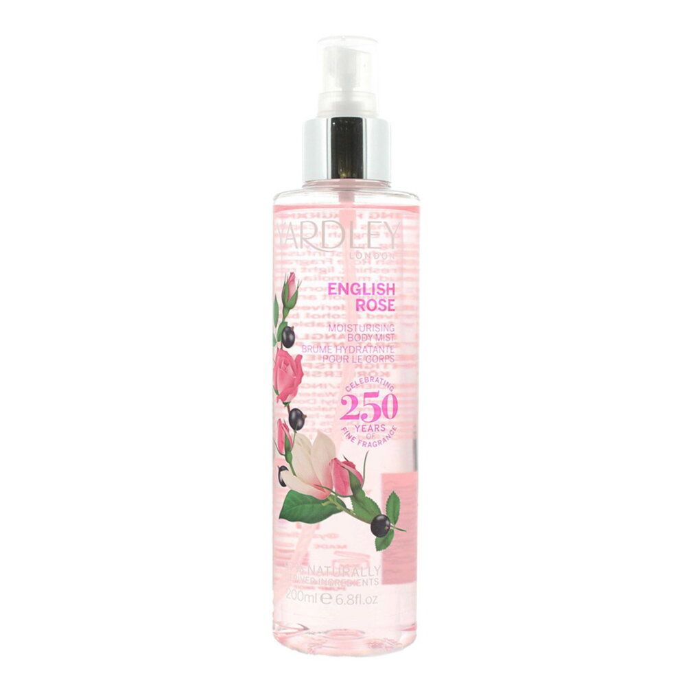 Yardley English Rose Körperspray, 250 Jahre Jubiläum, mit Rosenmotiv, silbernem Sprühkopf und 200ml Angabe.